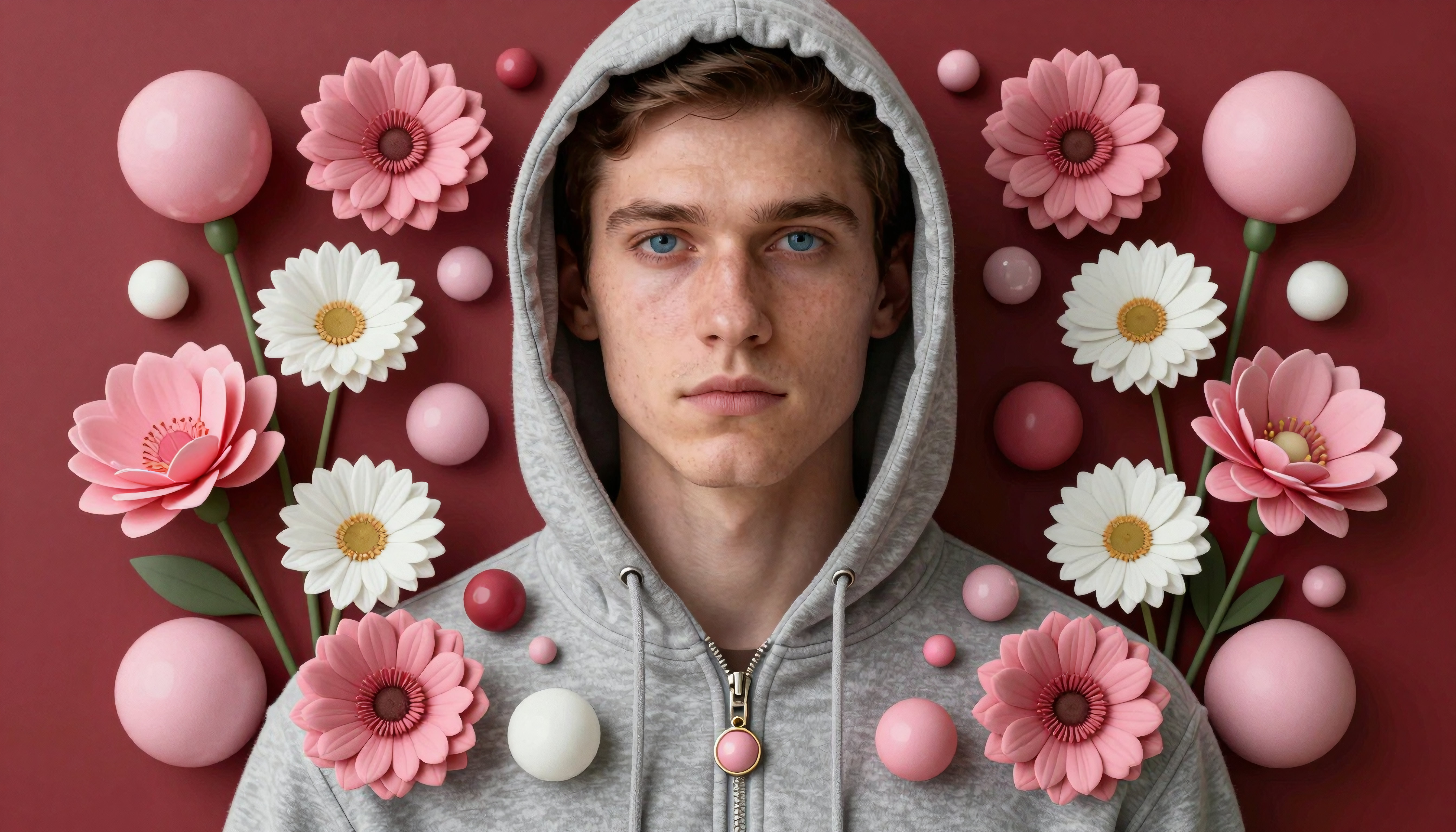 Portrait of a Person with Floral and Spherical Elements on Deep
