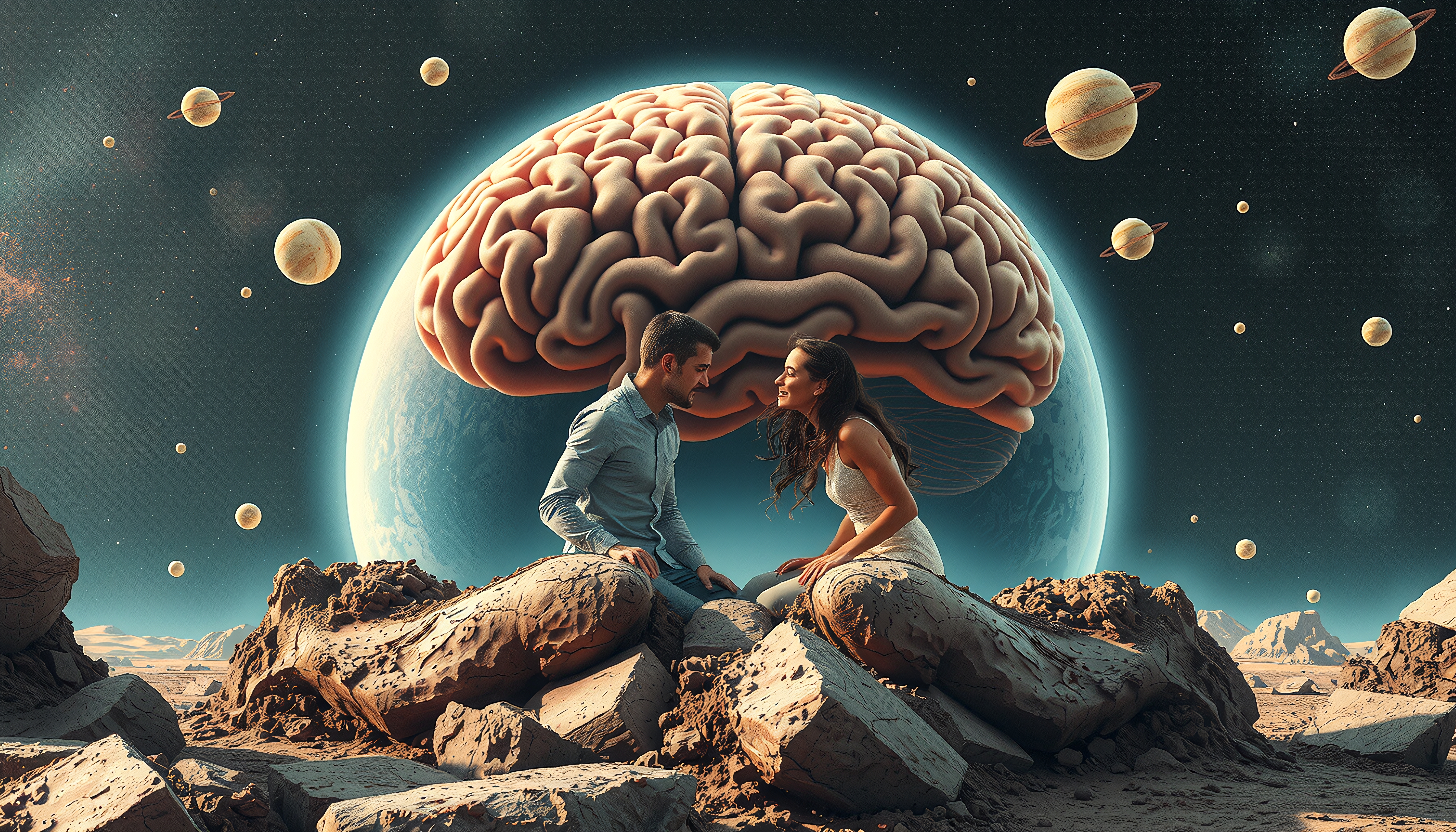 Couple Under Giant Brain with Planets in Surreal Space Desert