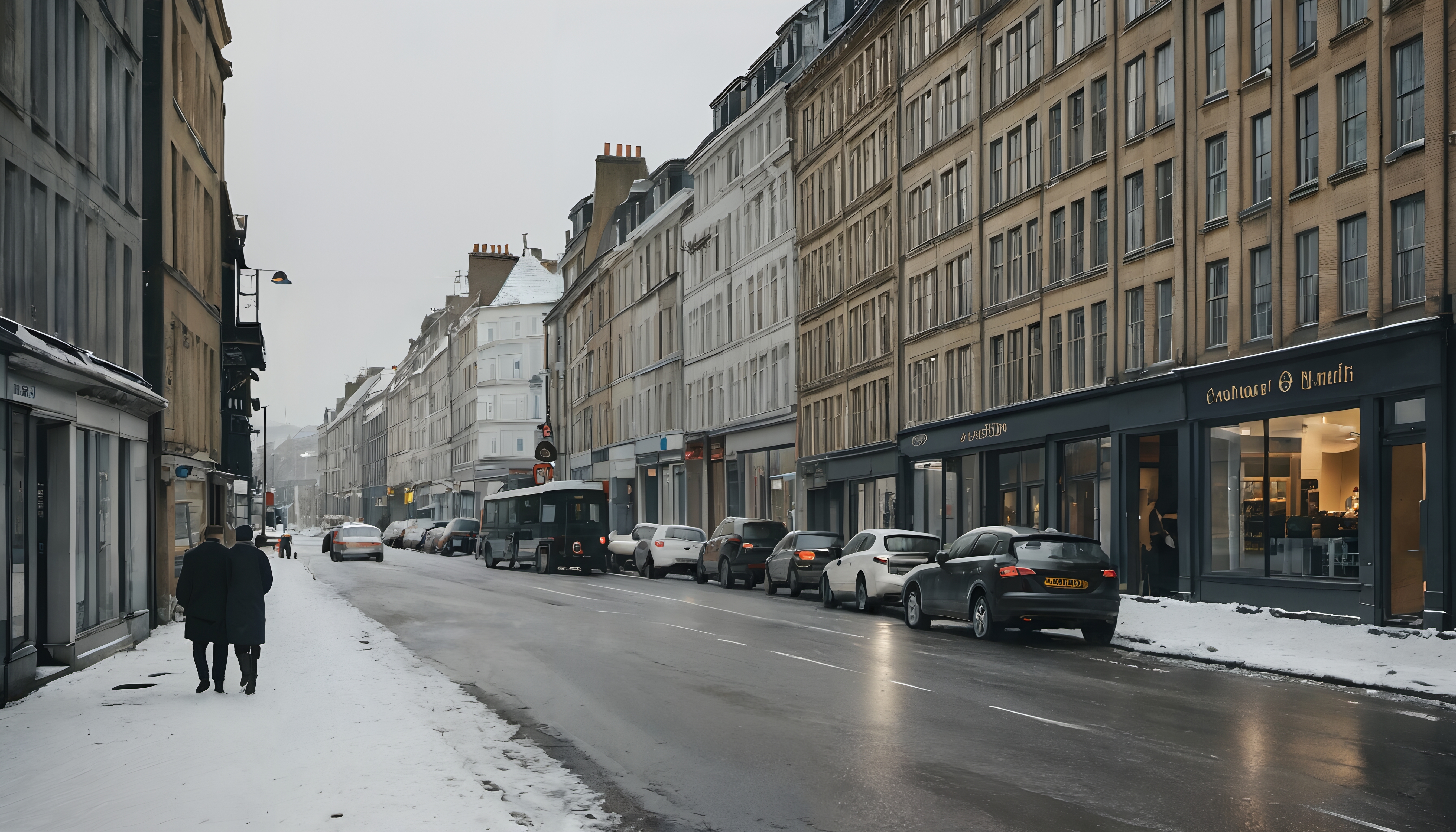 Snowy city street with buildings, cars, and people walking.