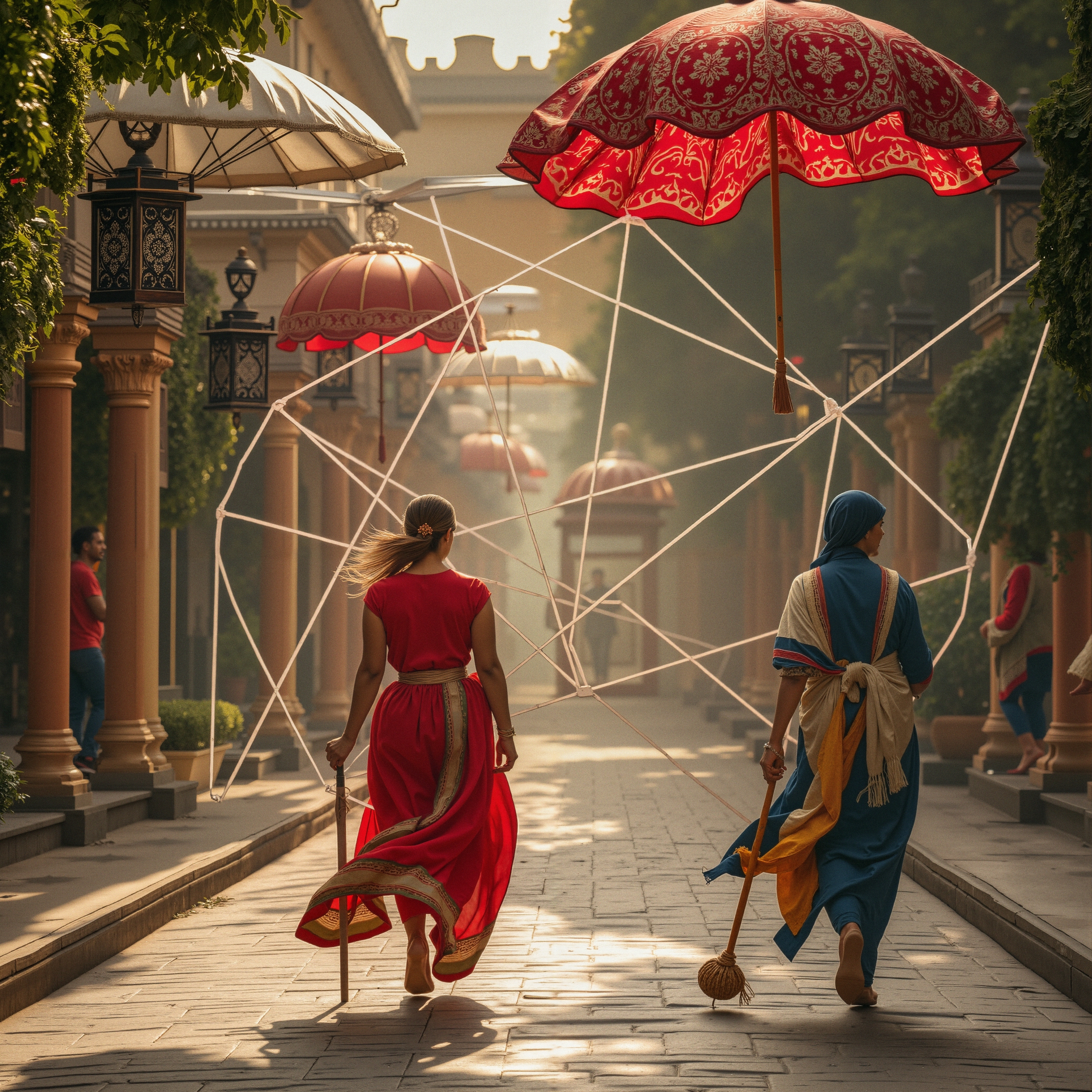 Two women walking under parasols on a charming street.
