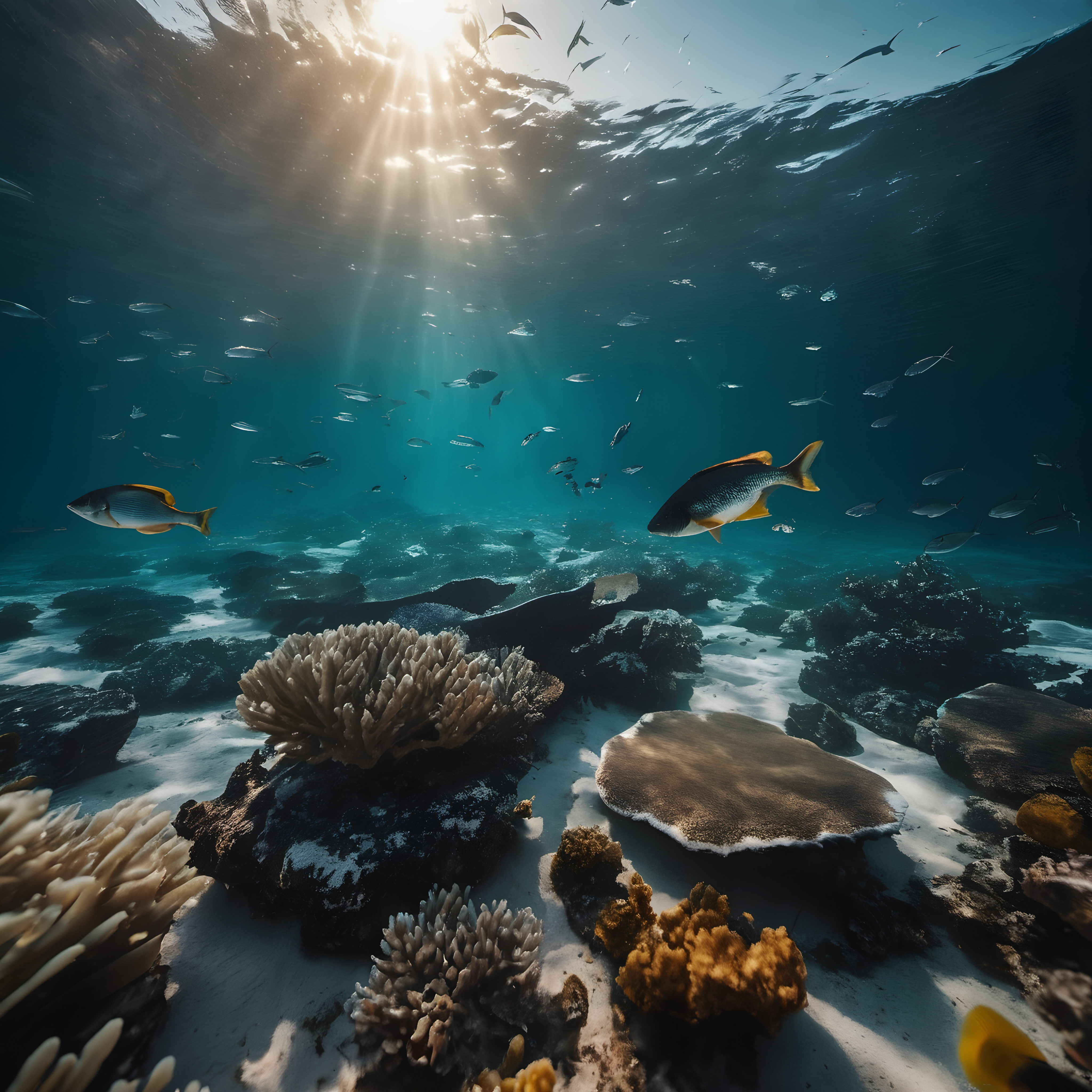 Tropical Fish Swimming Among Corals Underwater Sunbeam Scene