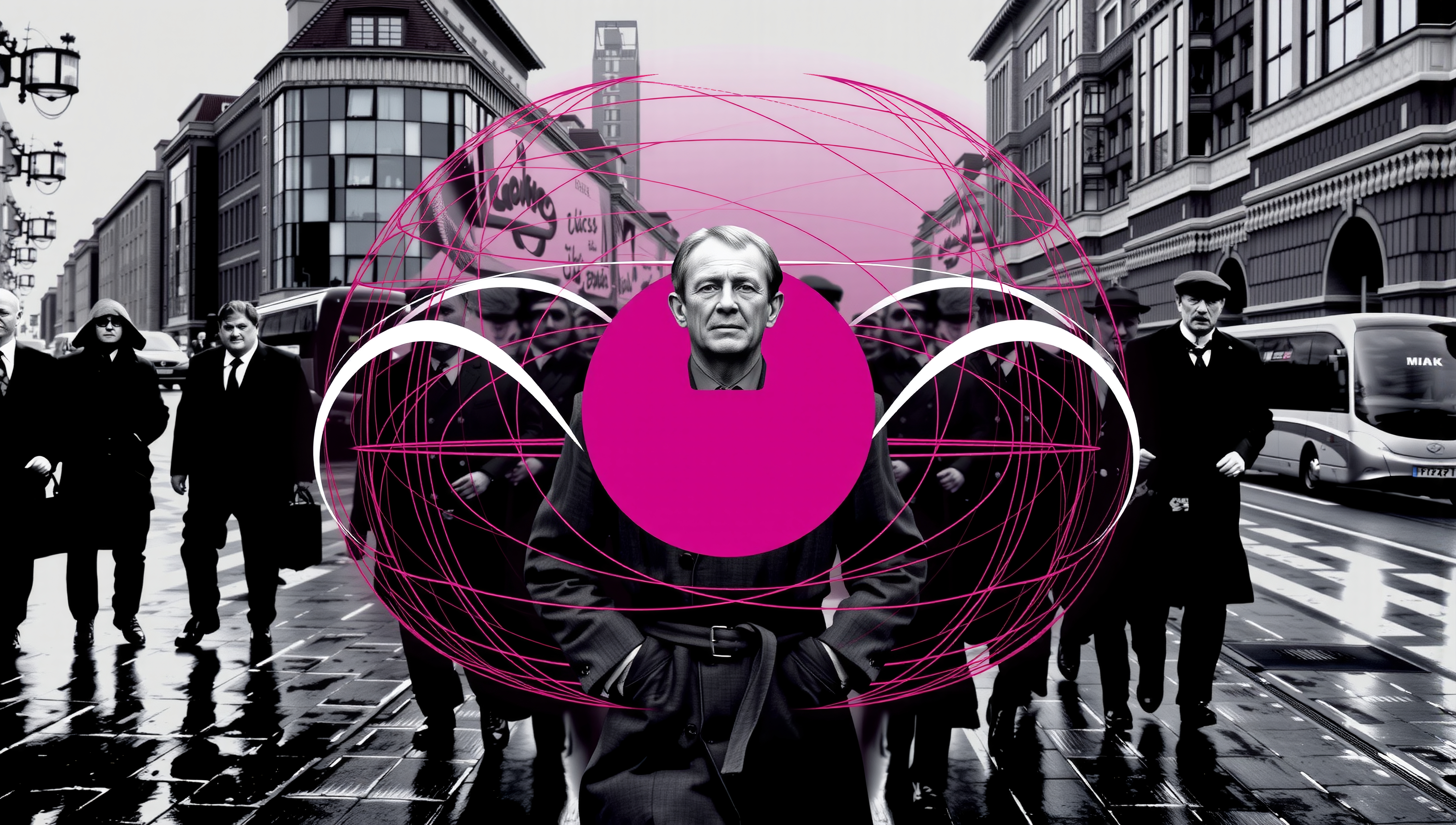 A monochrome street scene with a magenta circle highlights a central figure leading people.