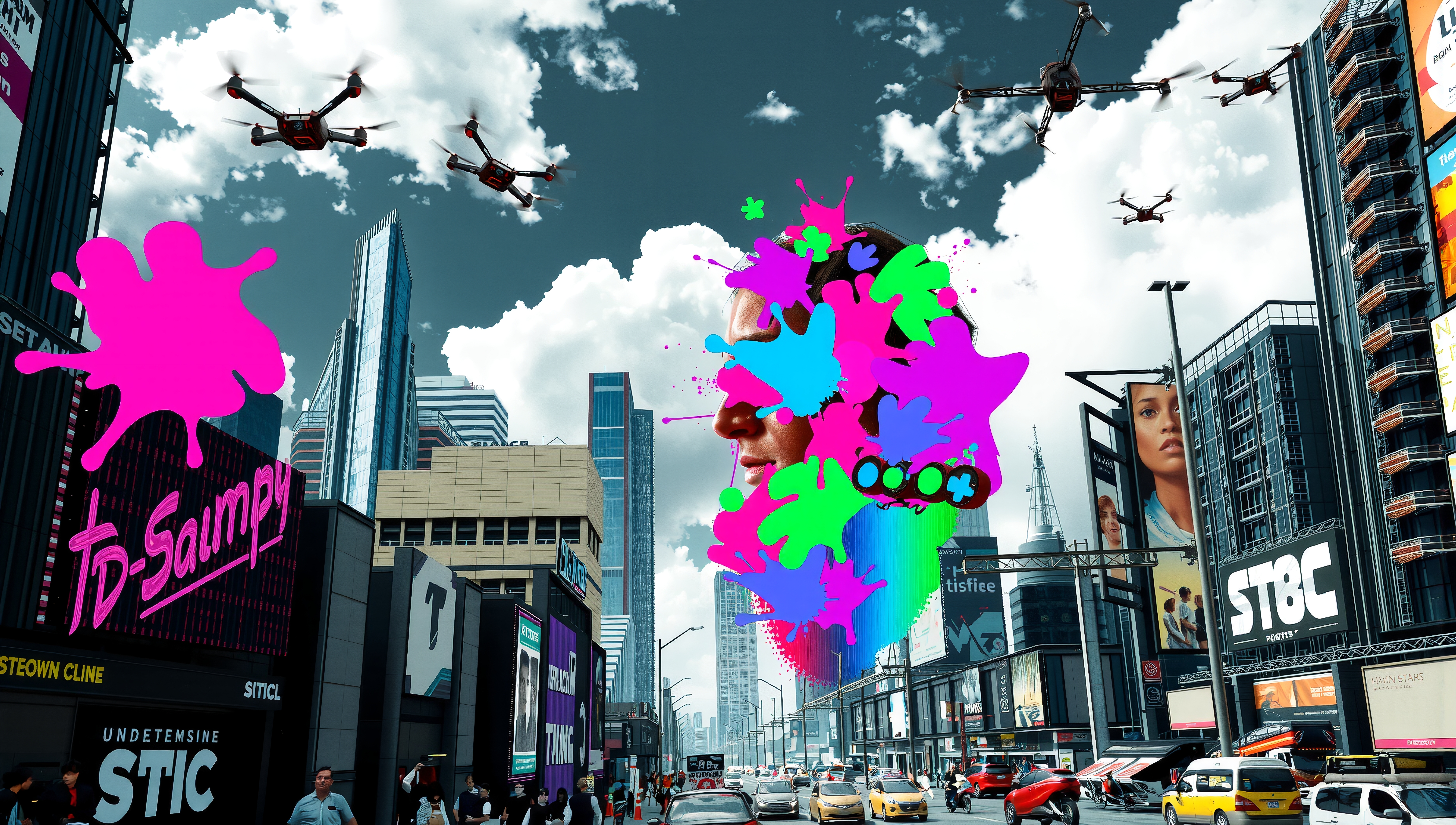 Futuristic City with Color Splashes