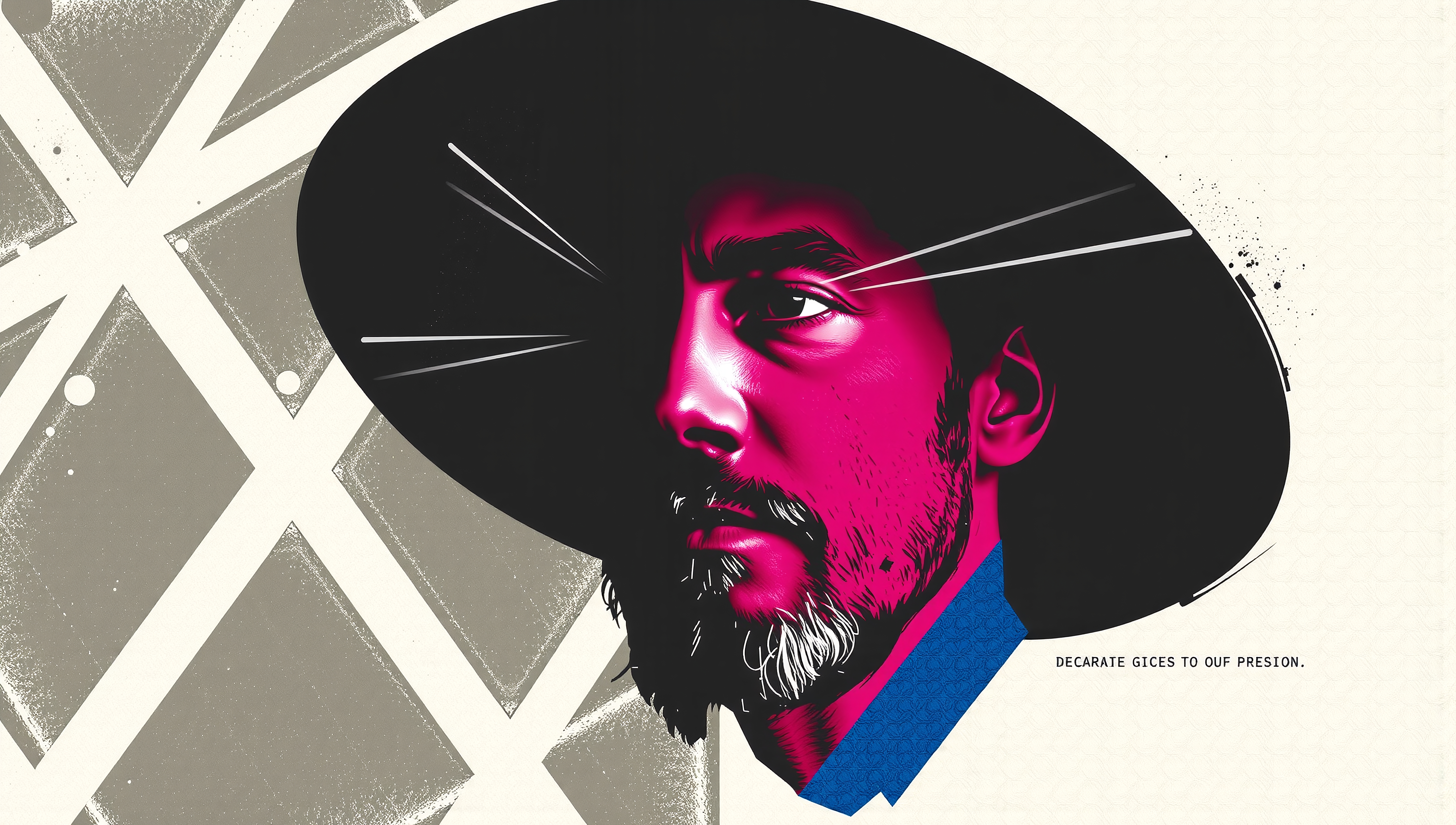 Vivid digital artwork of a man with a deep gaze, wearing a wide-brimmed hat against a geometric background.