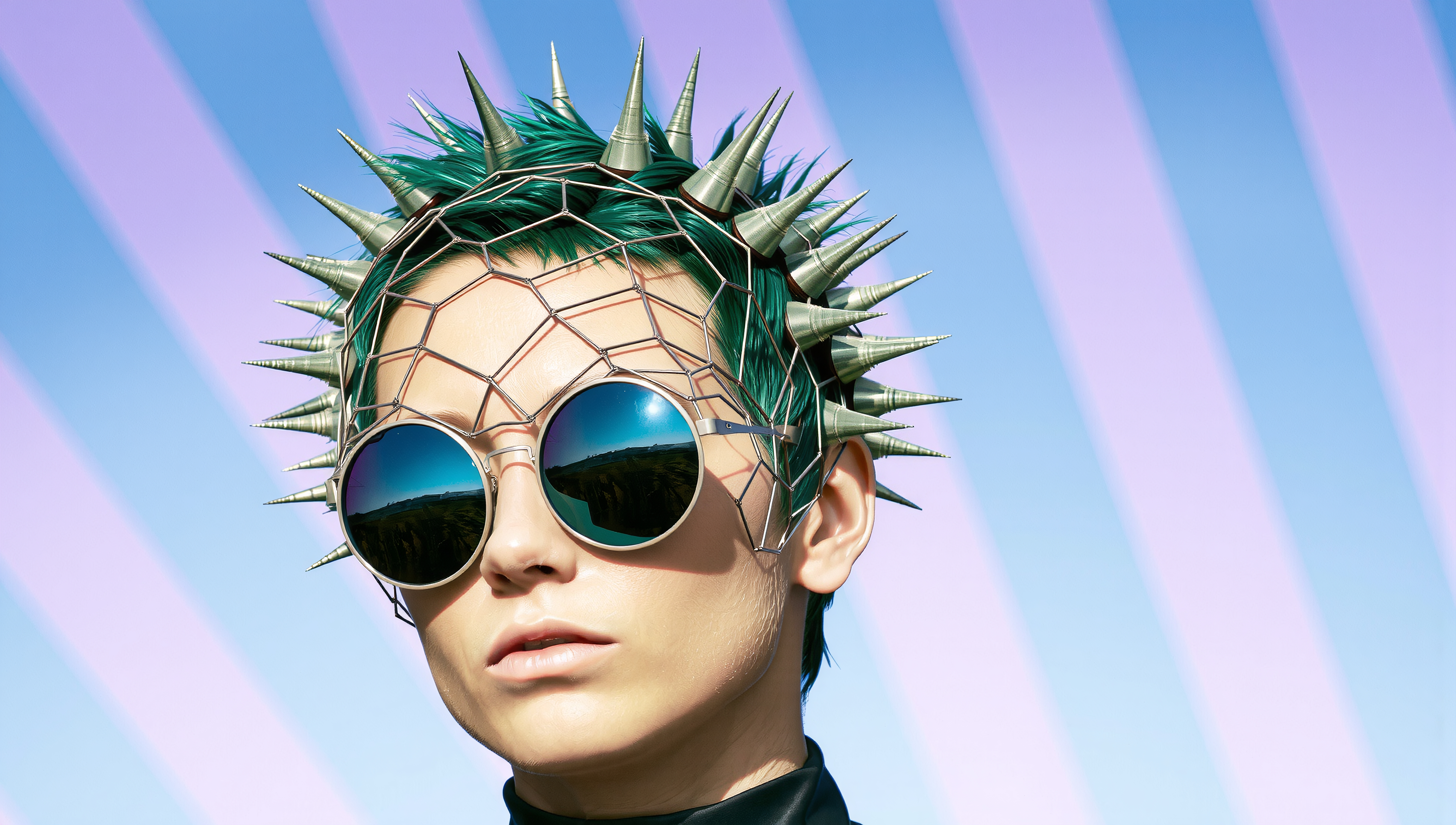 A person with green spiky hair wearing futuristic sunglasses and a metal headpiece on a blue and pink striped background.