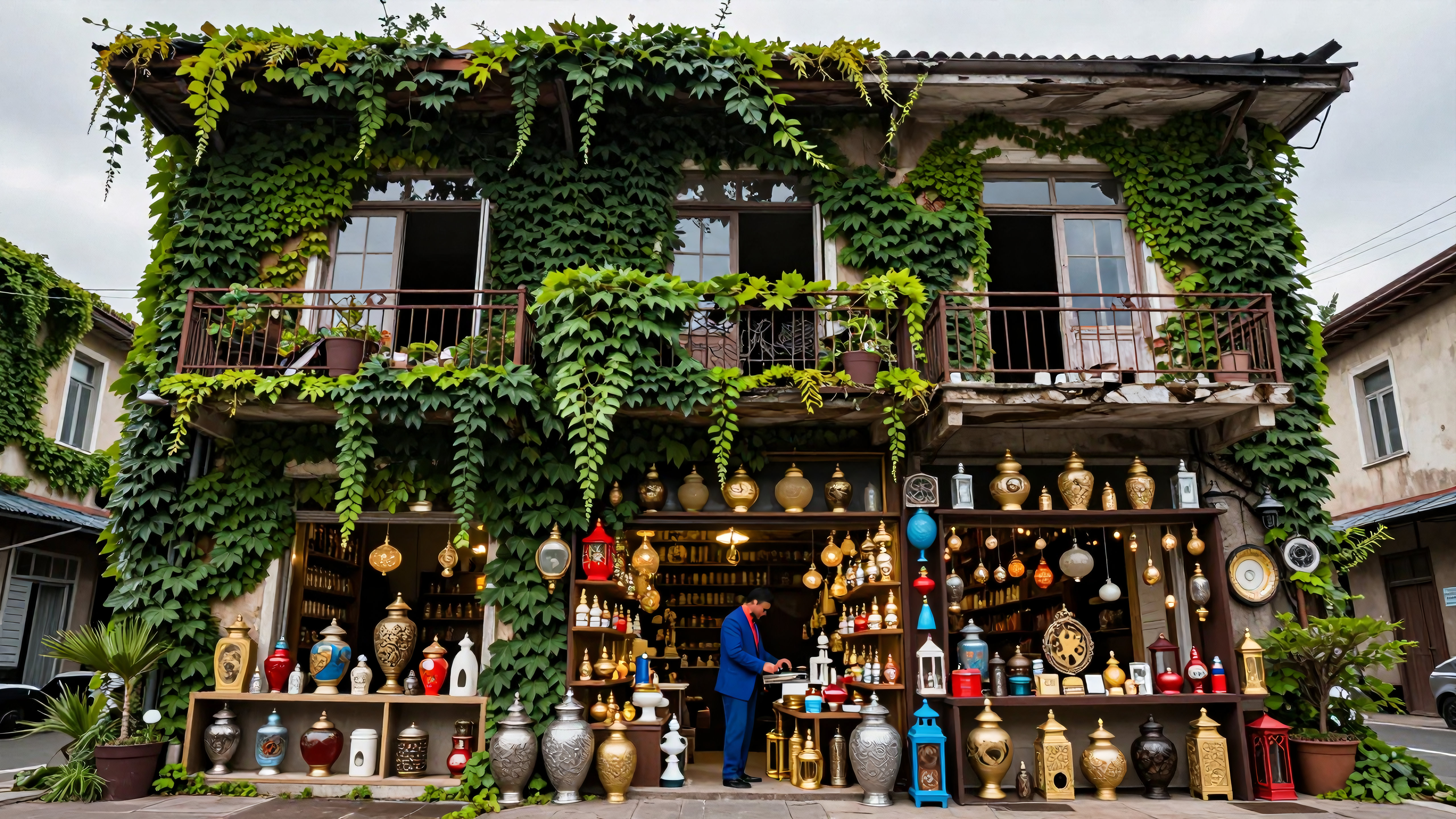 Vintage antique shop front covered in climbing ivy selling handcrafted ceramics and décor