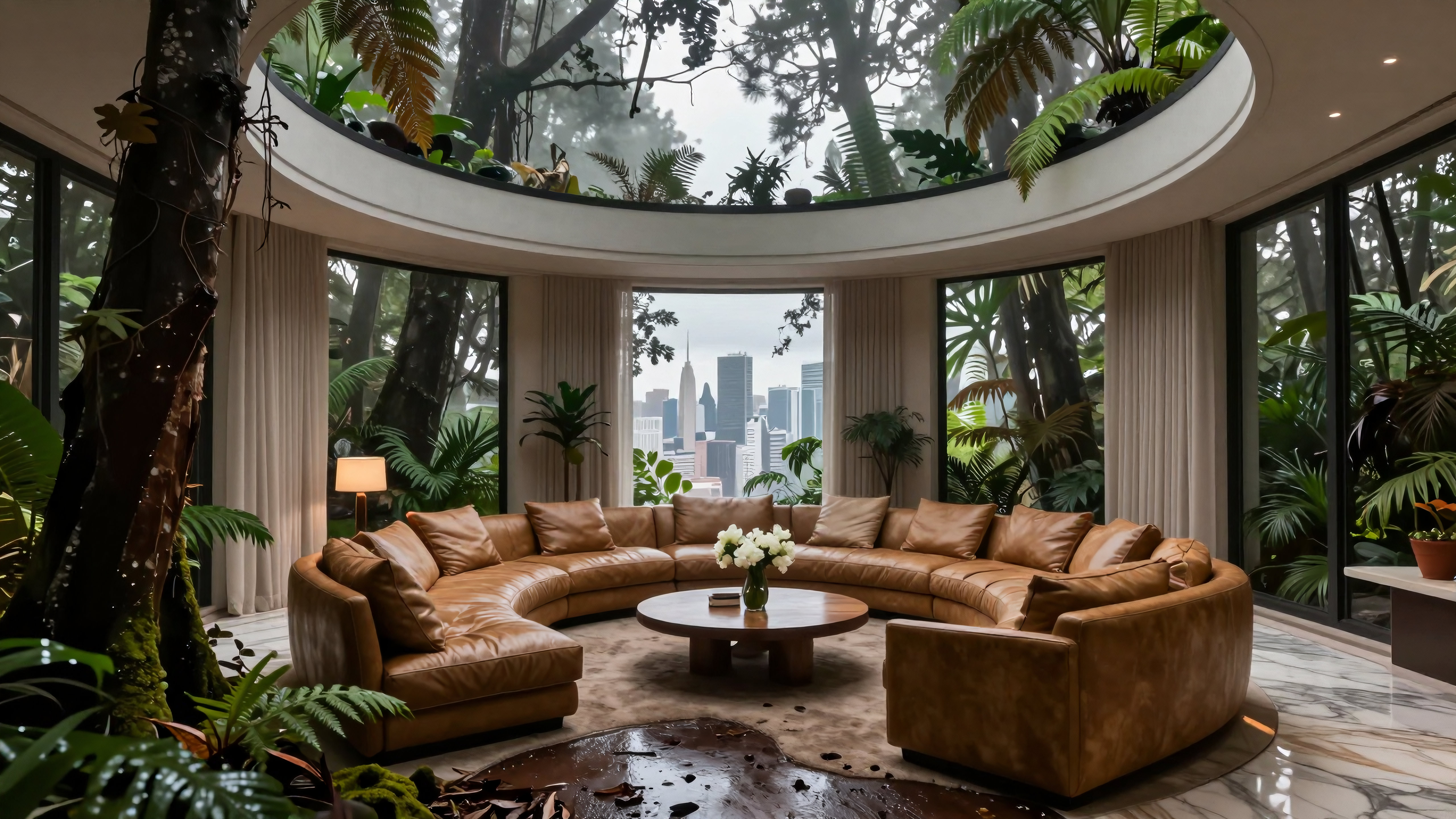 Luxurious tropical-themed living room blending nature and city skyline views through expansive windows