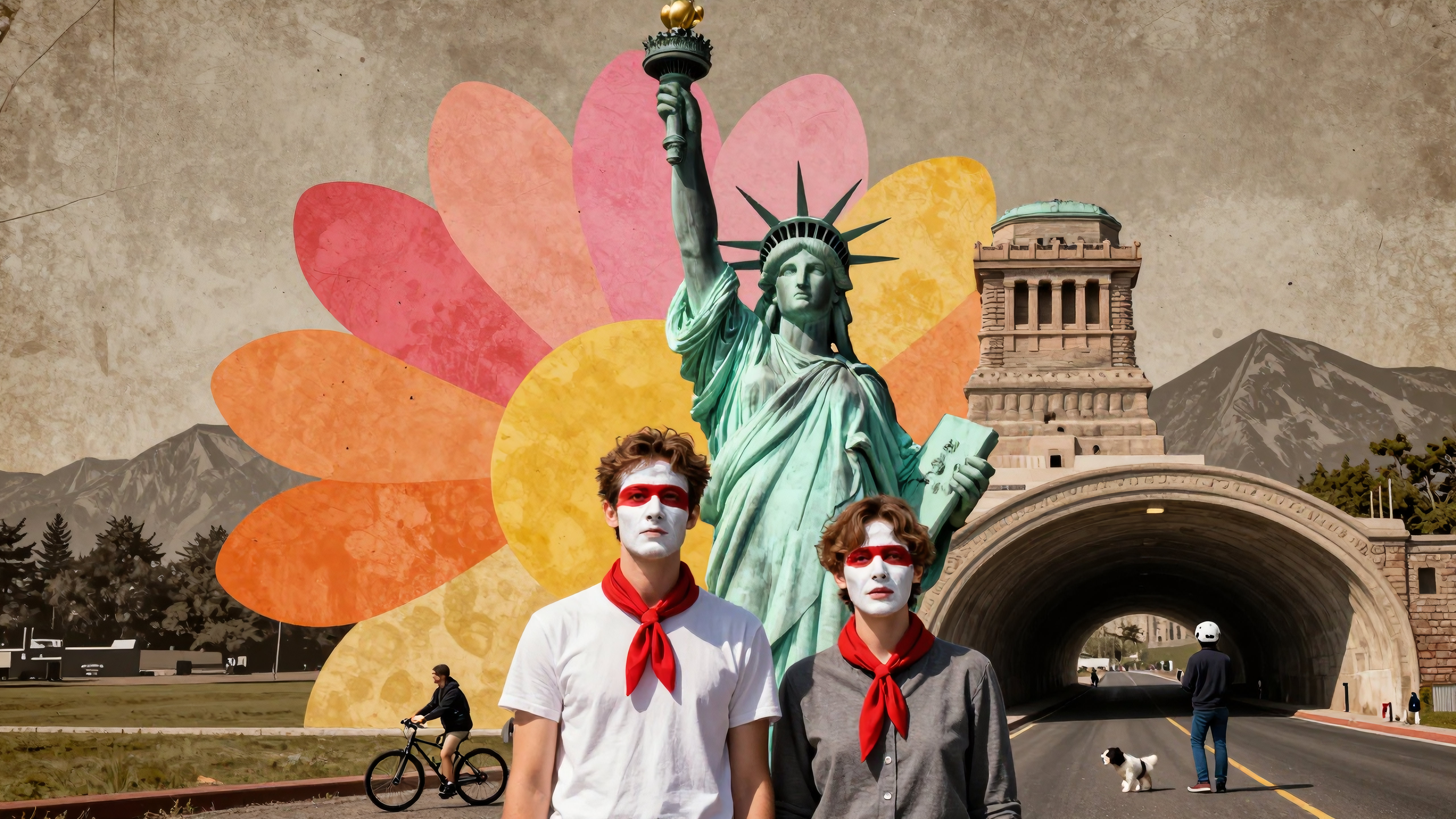 Two masked youths standing before Statue of Liberty amidst colorful floral background and historic architecture