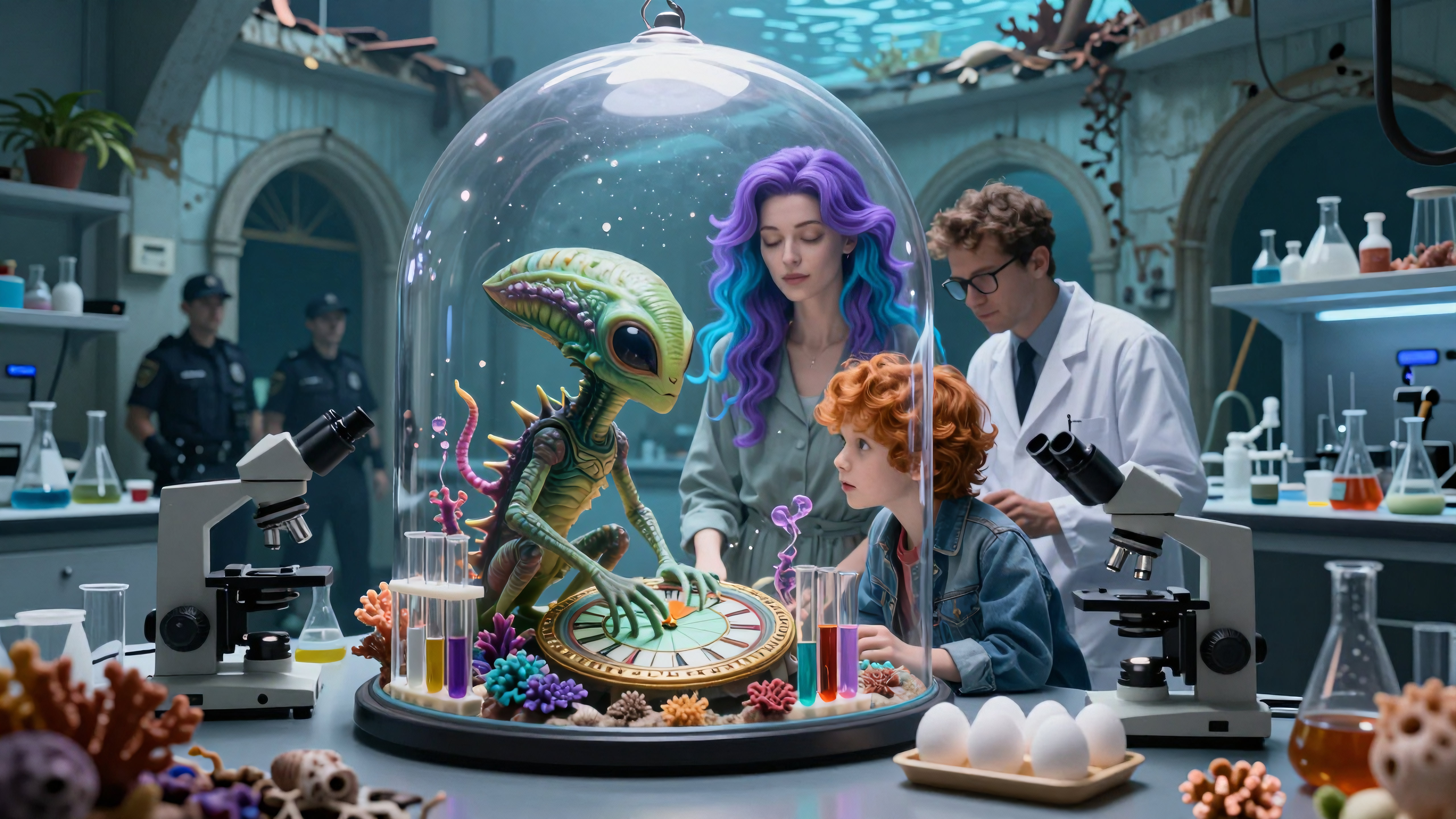 Scientists observe alien inside glass dome during mysterious lab experiment involving colorful artifacts and children present