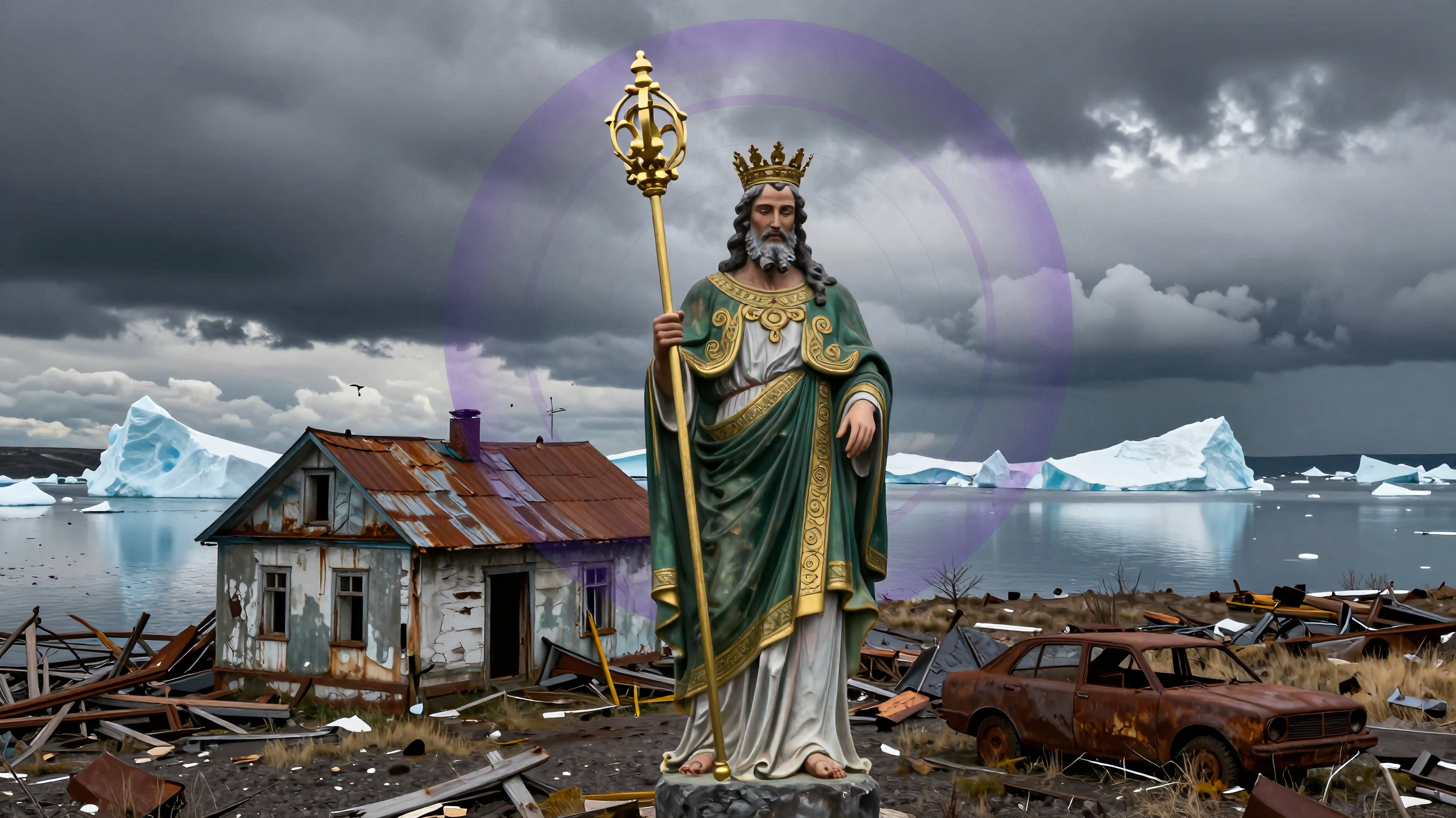 Sacred statue standing tall among destroyed houses and melted glacier landscapes during apocalyptic sunset