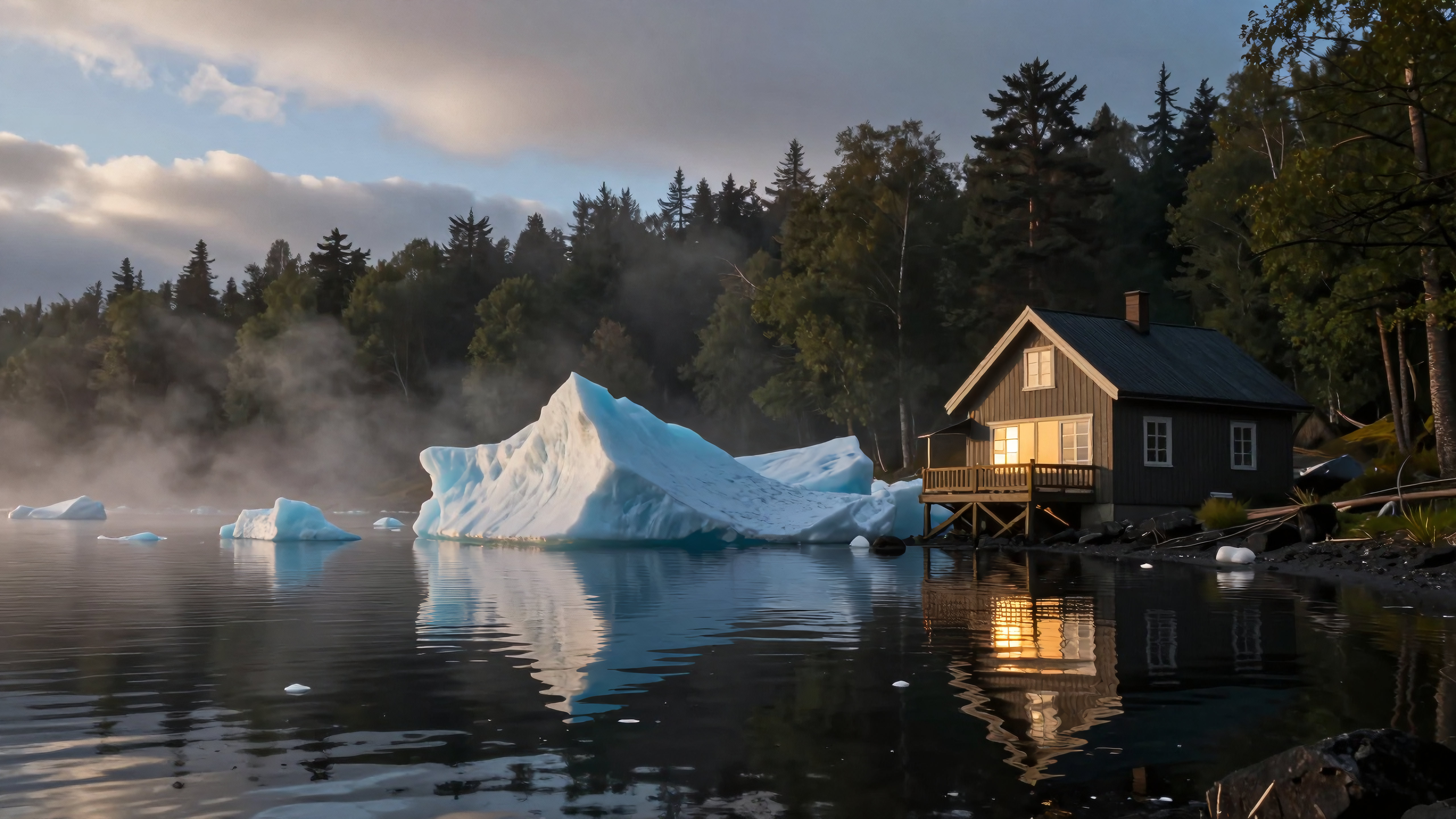 Rustic wooden cabin nestled beside calm waters with towering icebergs.