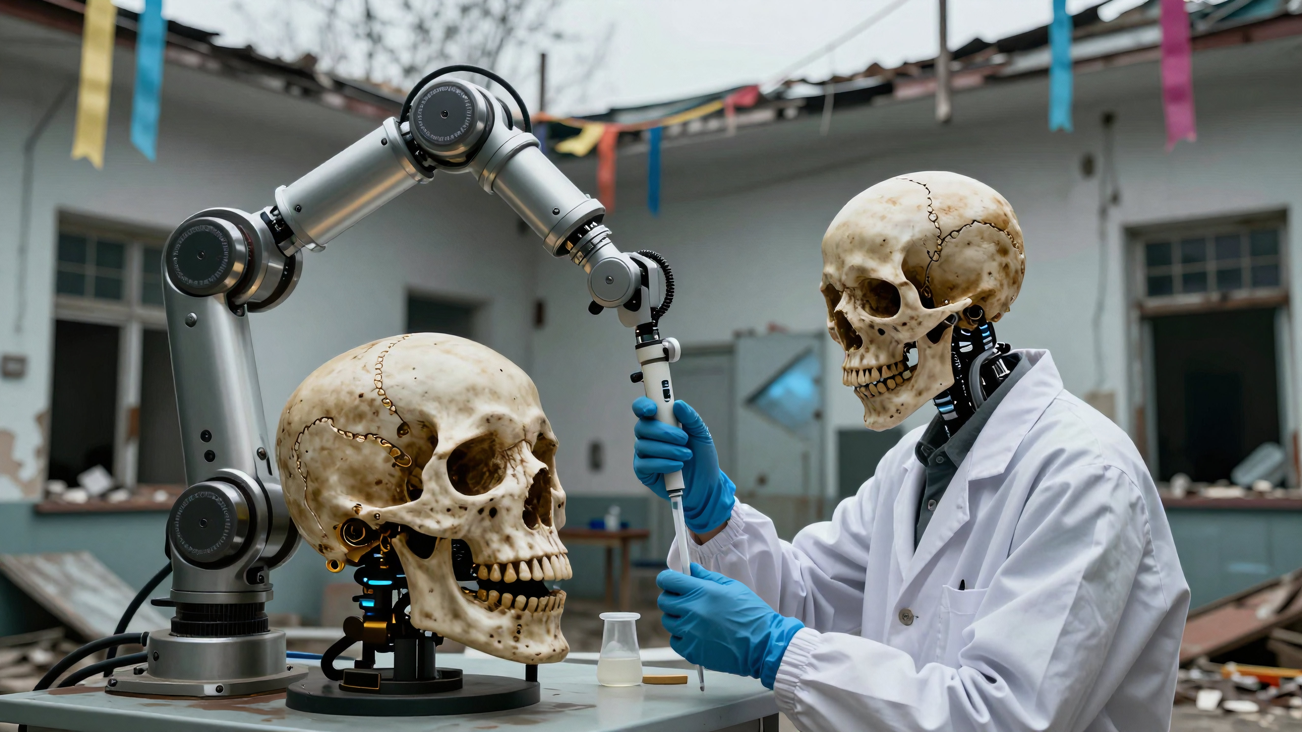 Cyborg skull scientist performing experimental procedure in futuristic lab