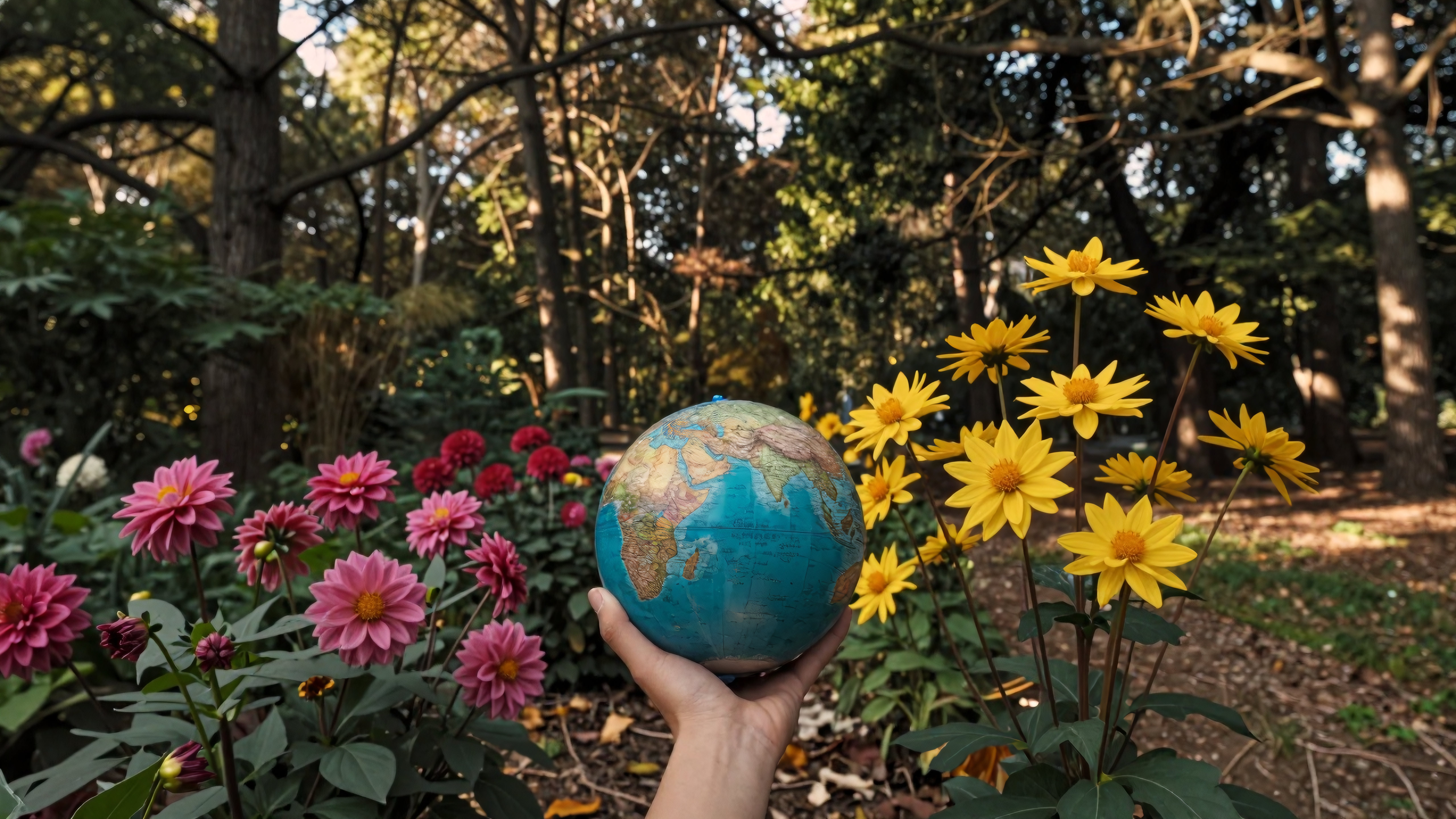 and holding globe surrounded by colorful flowers in peaceful forest setting