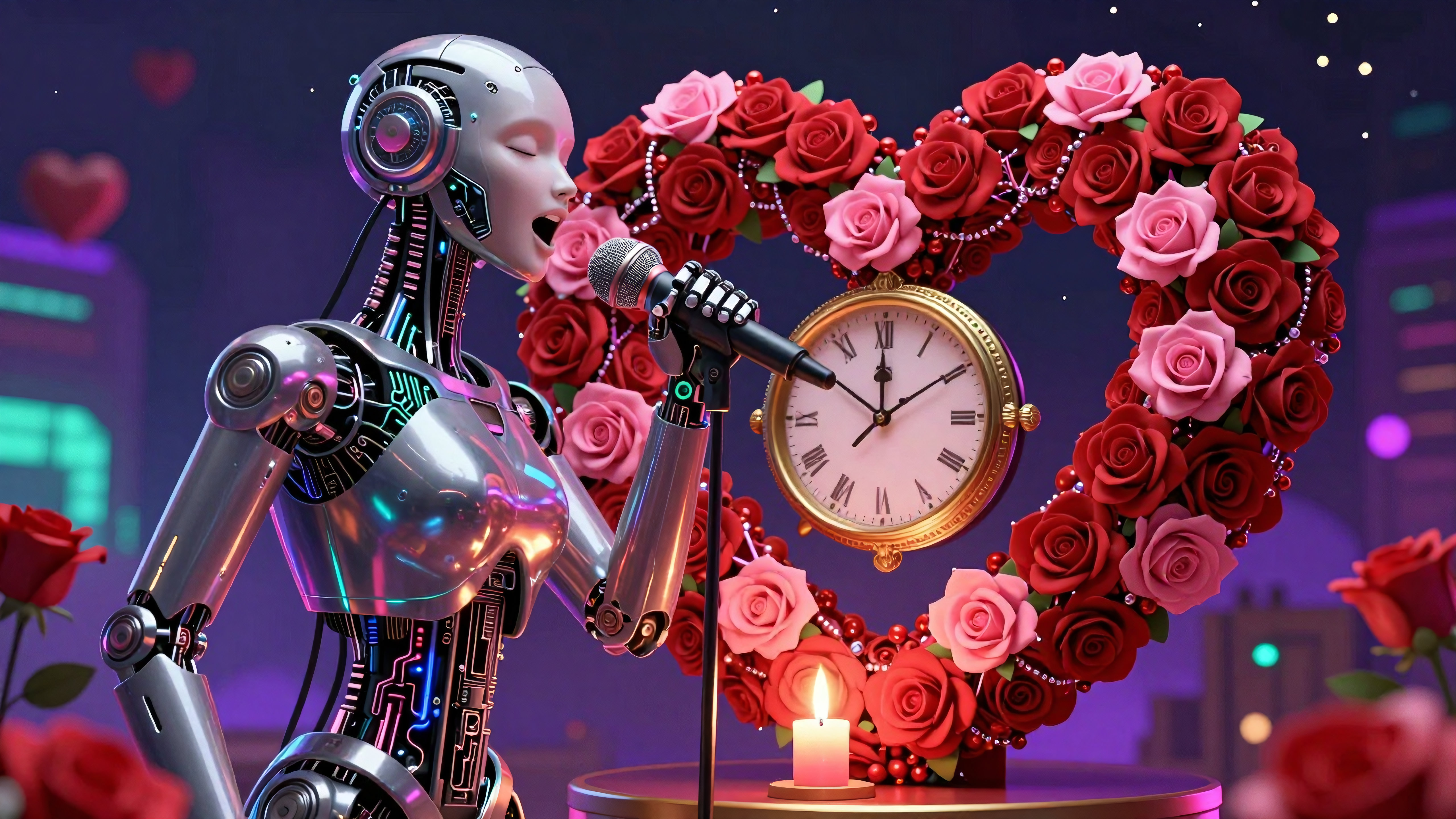 Romantic robot singer performing love song surrounded by roses and vintage clock