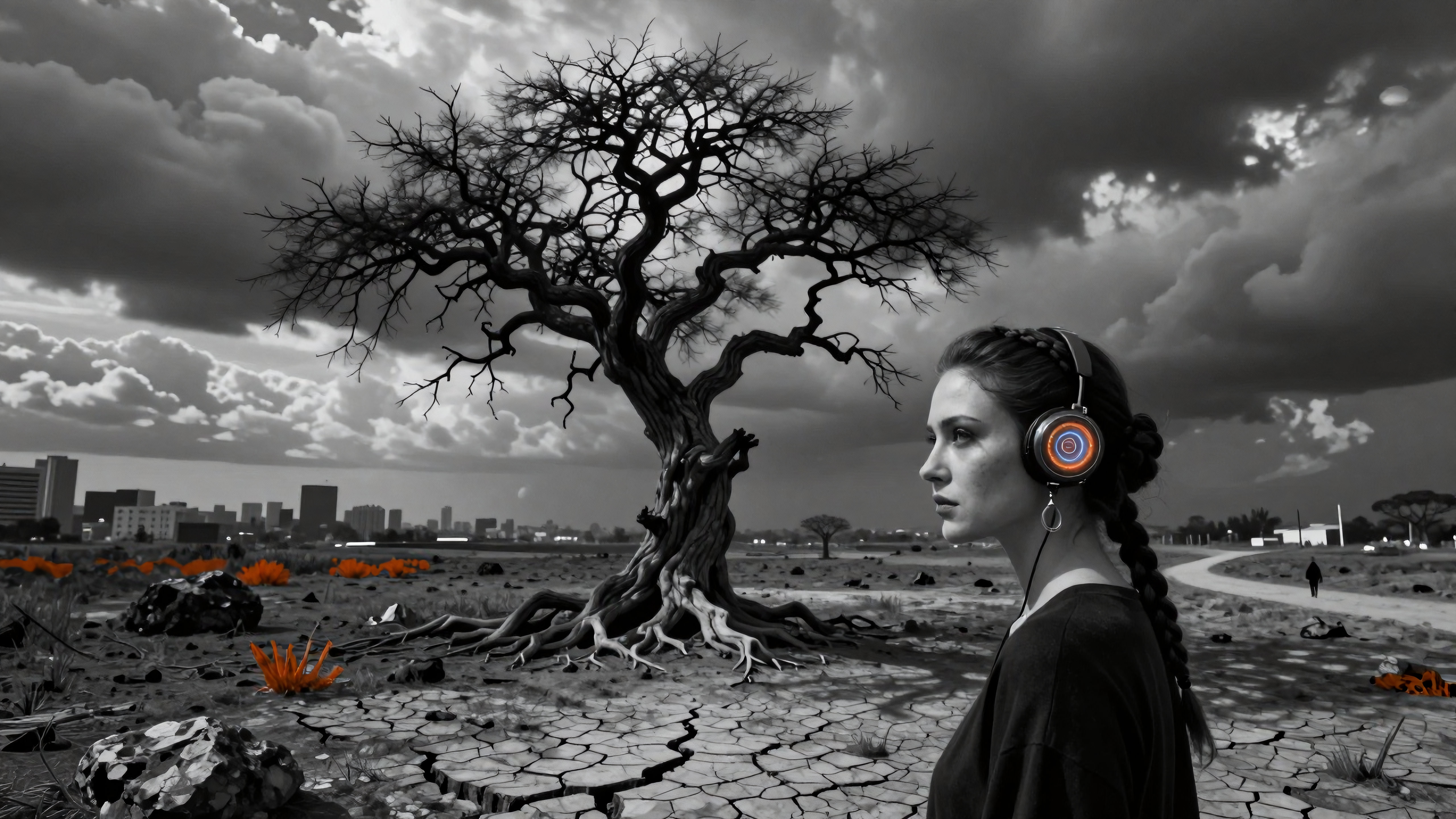 Woman wearing glowing headphones standing alone under a dead tree in a dried-up wasteland with distant city skyline