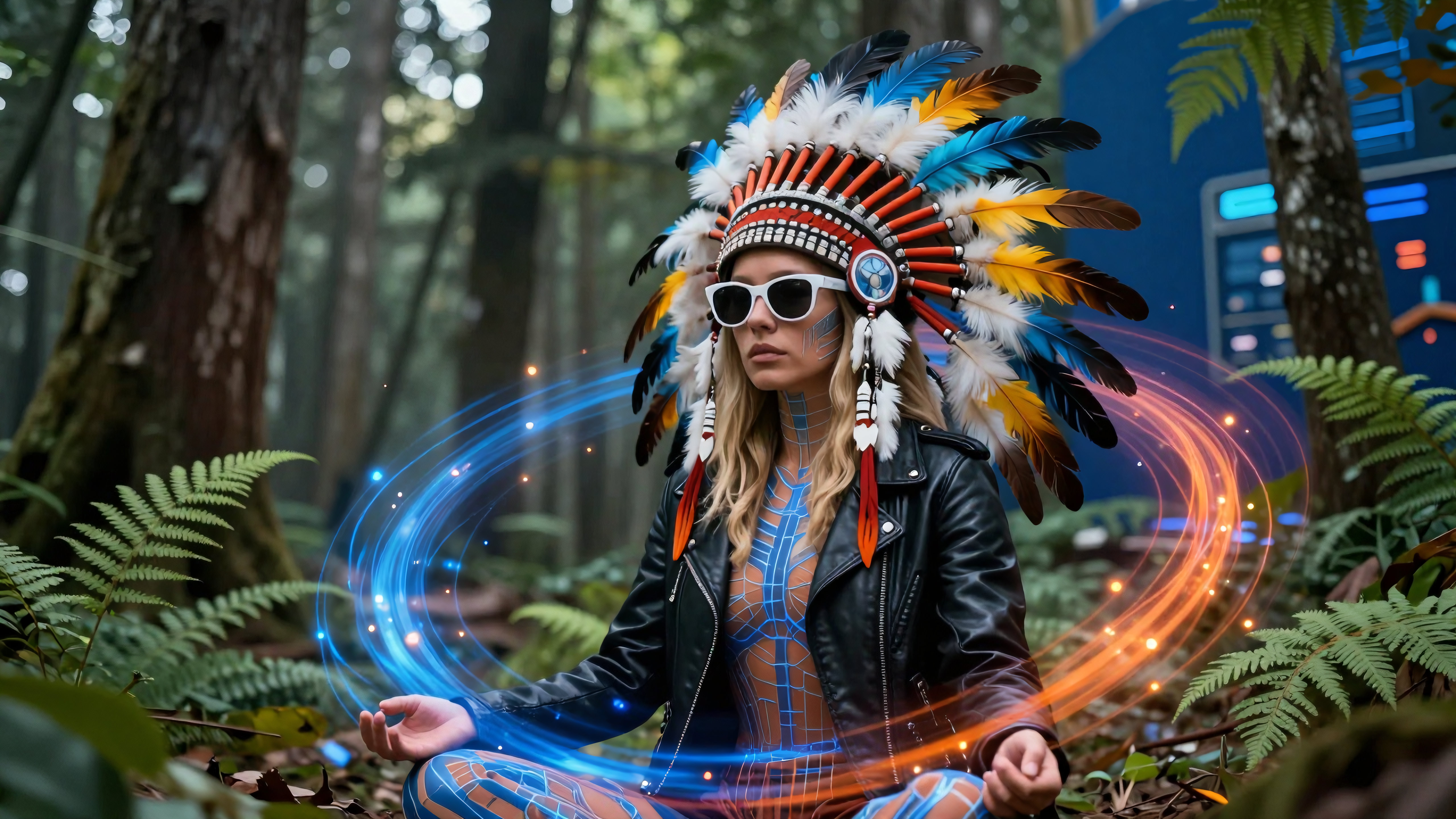 Woman wearing feathered headdress meditating amid glowing cosmic energies in enchanted forest merging traditional culture with futuristic cyberpunk aesthetics