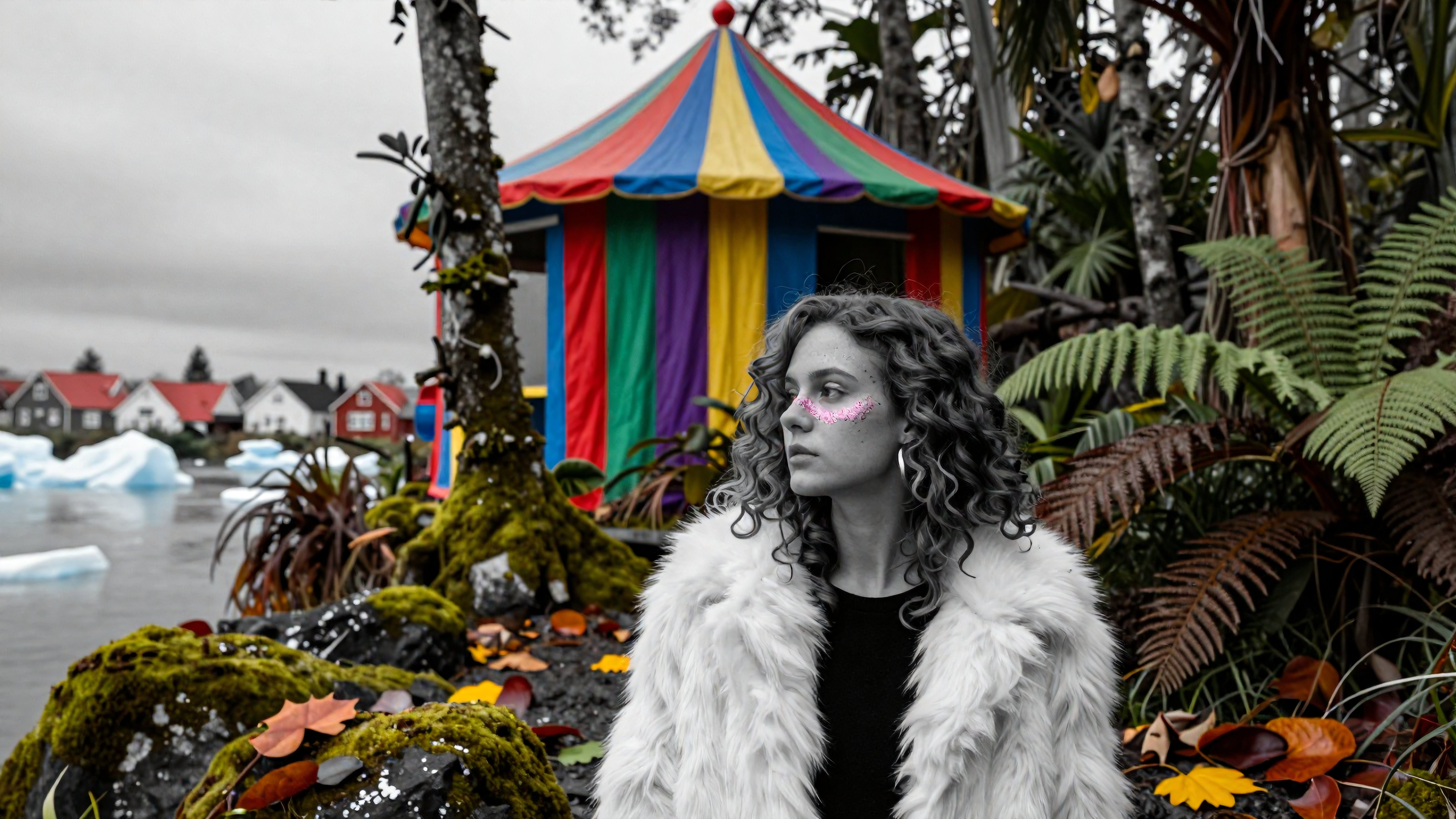 Woman in furry coat with glitter cheeks standing beside colorful circus tent surrounded by ferns and icebergs
