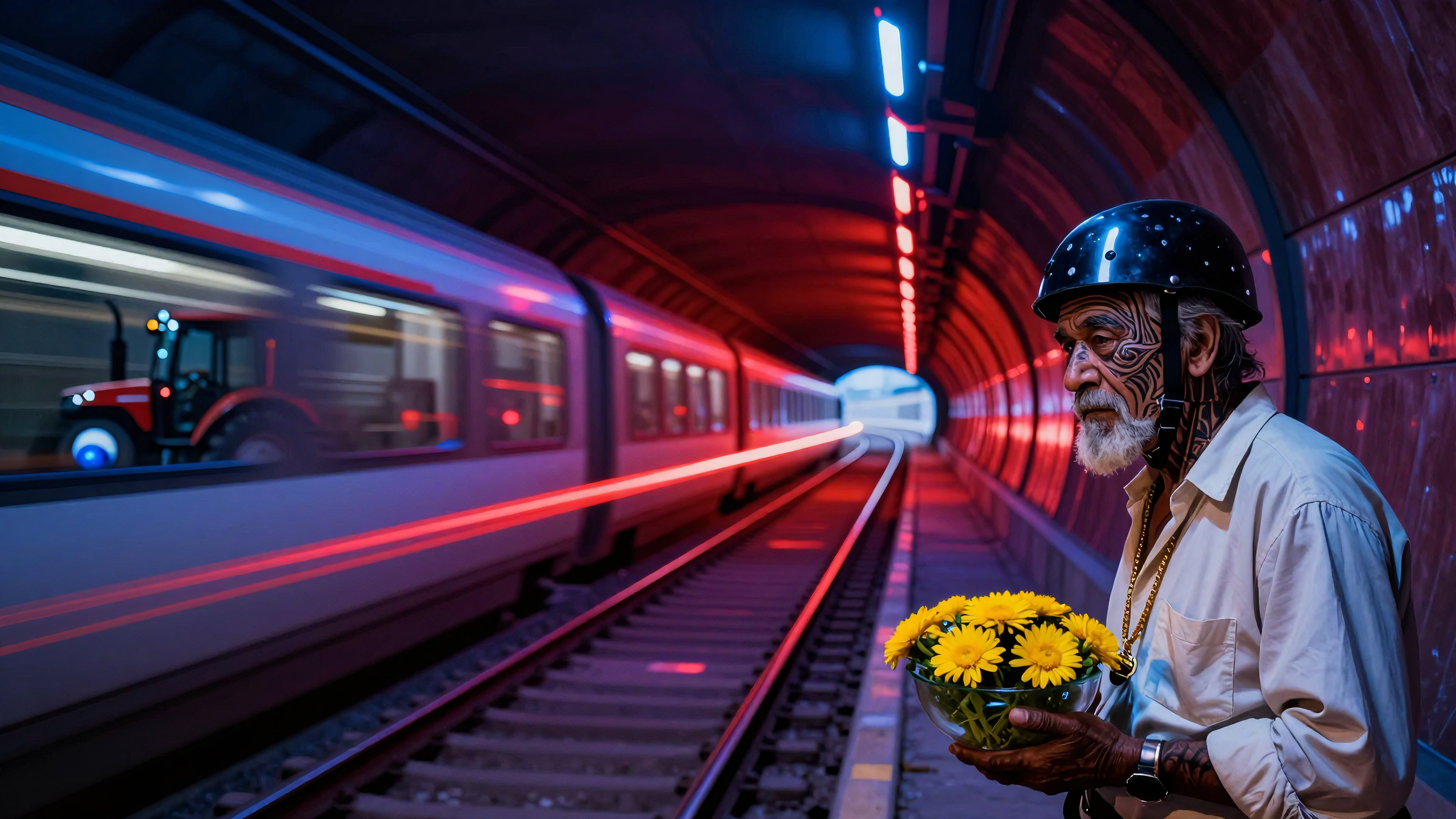 Elder holds sunflowers beside moving subway train under colorful lights