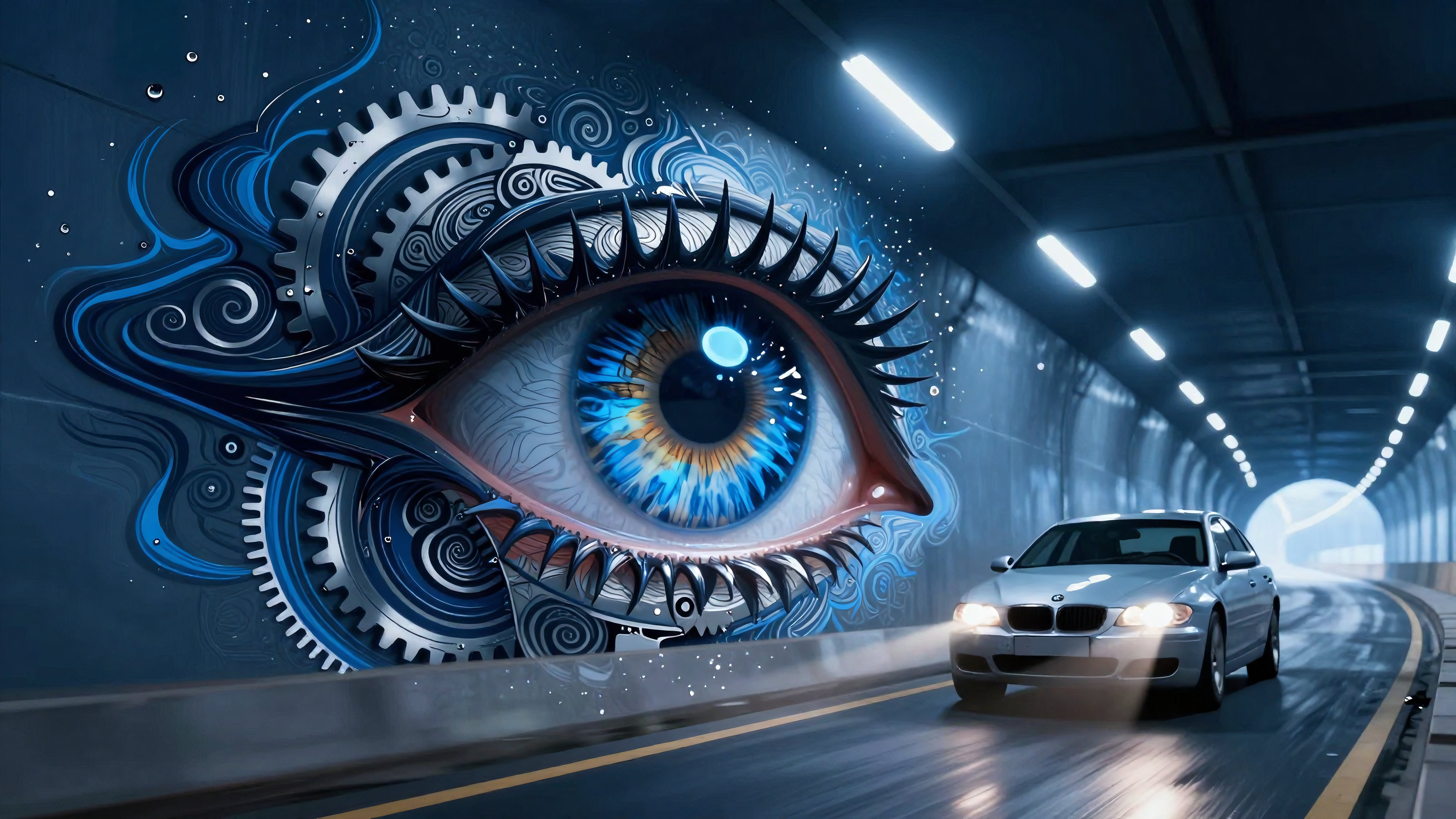 Silver BMW drives past giant mechanical eye mural in glowing futuristic tunnel artwork