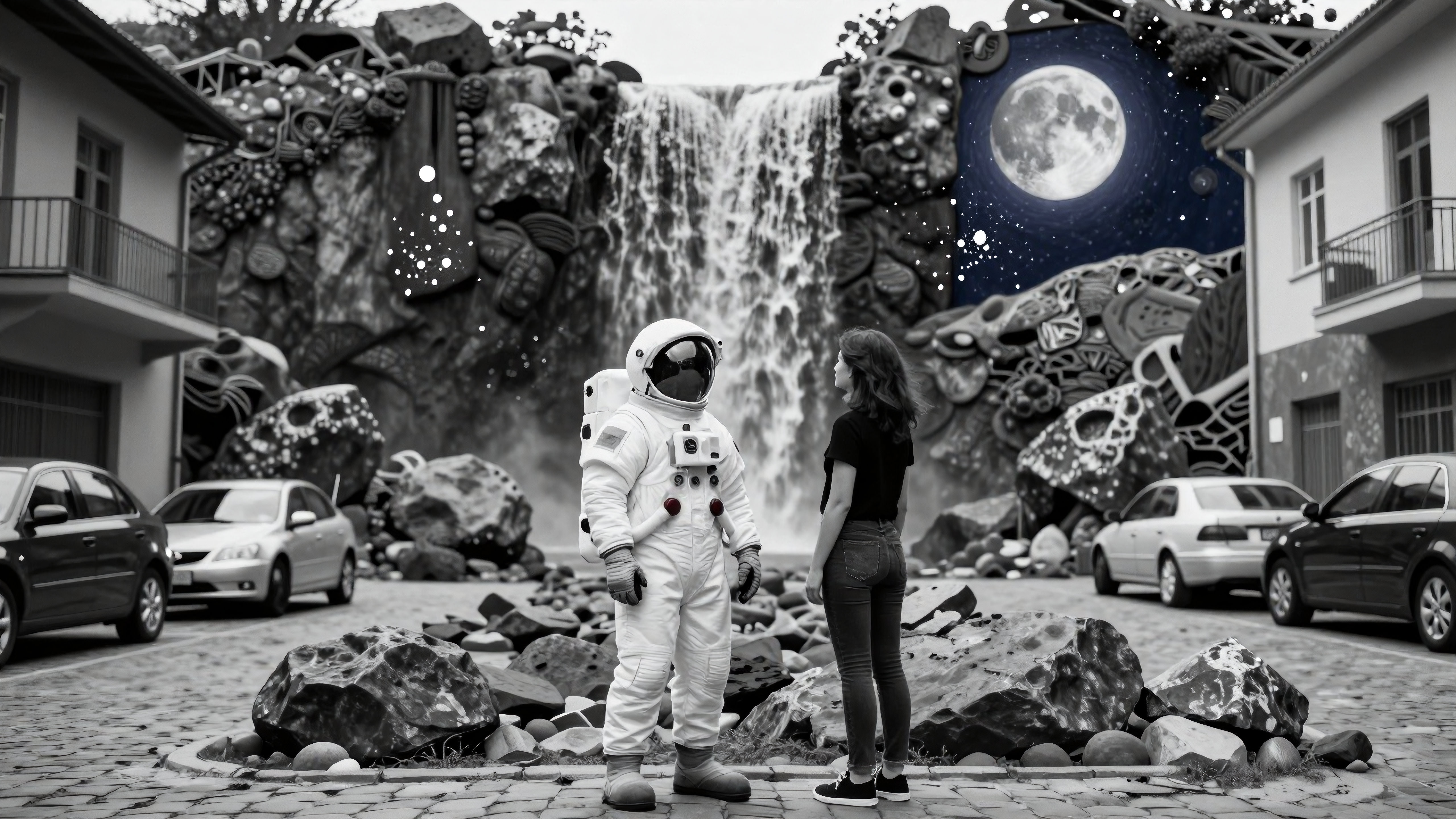 Astronaut meets girl under magical waterfall moonlit sky surreal fusion