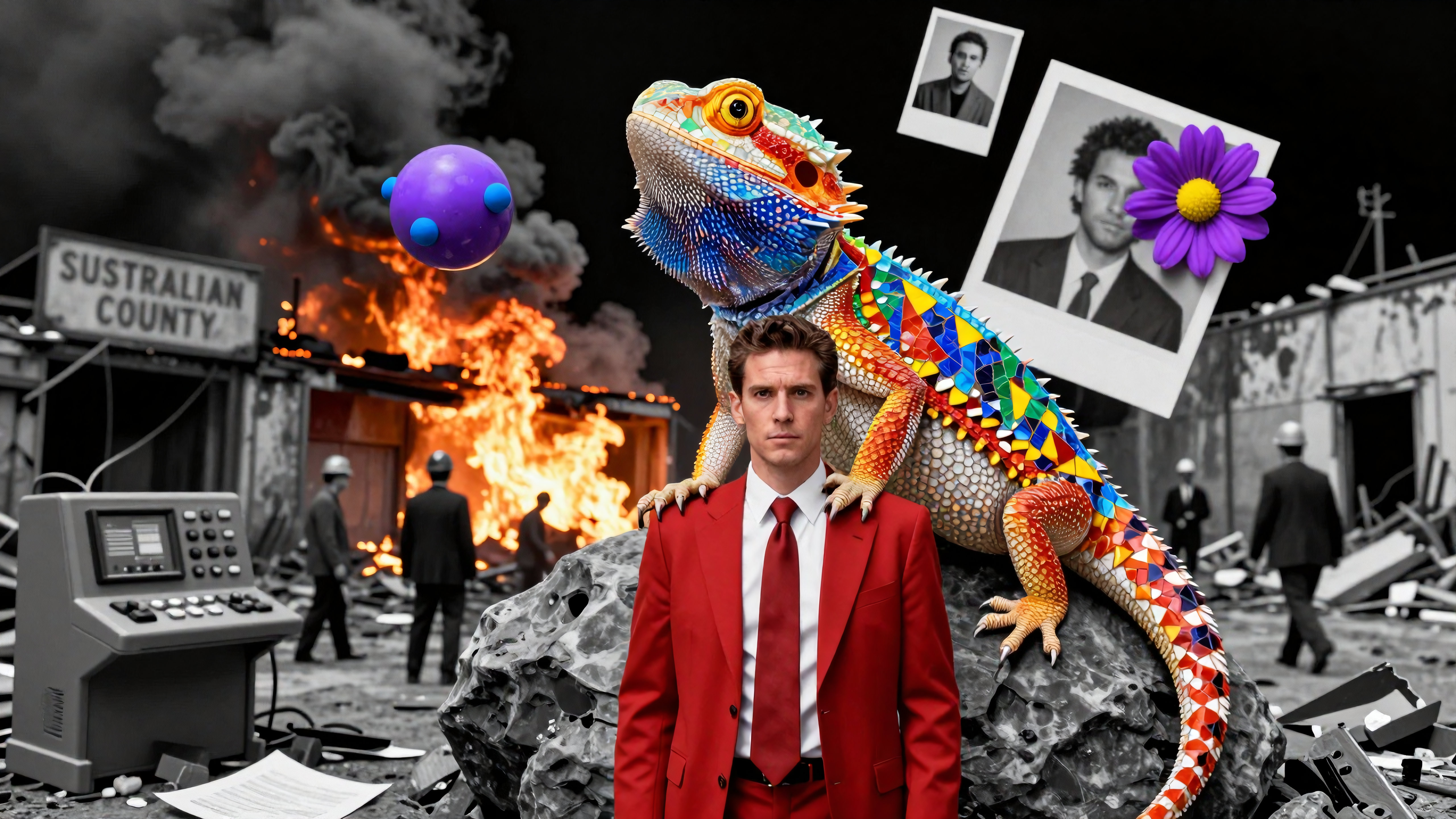 Man in red suit standing amidst post-apocalyptic ruins with colorful bearded dragon and floating photos