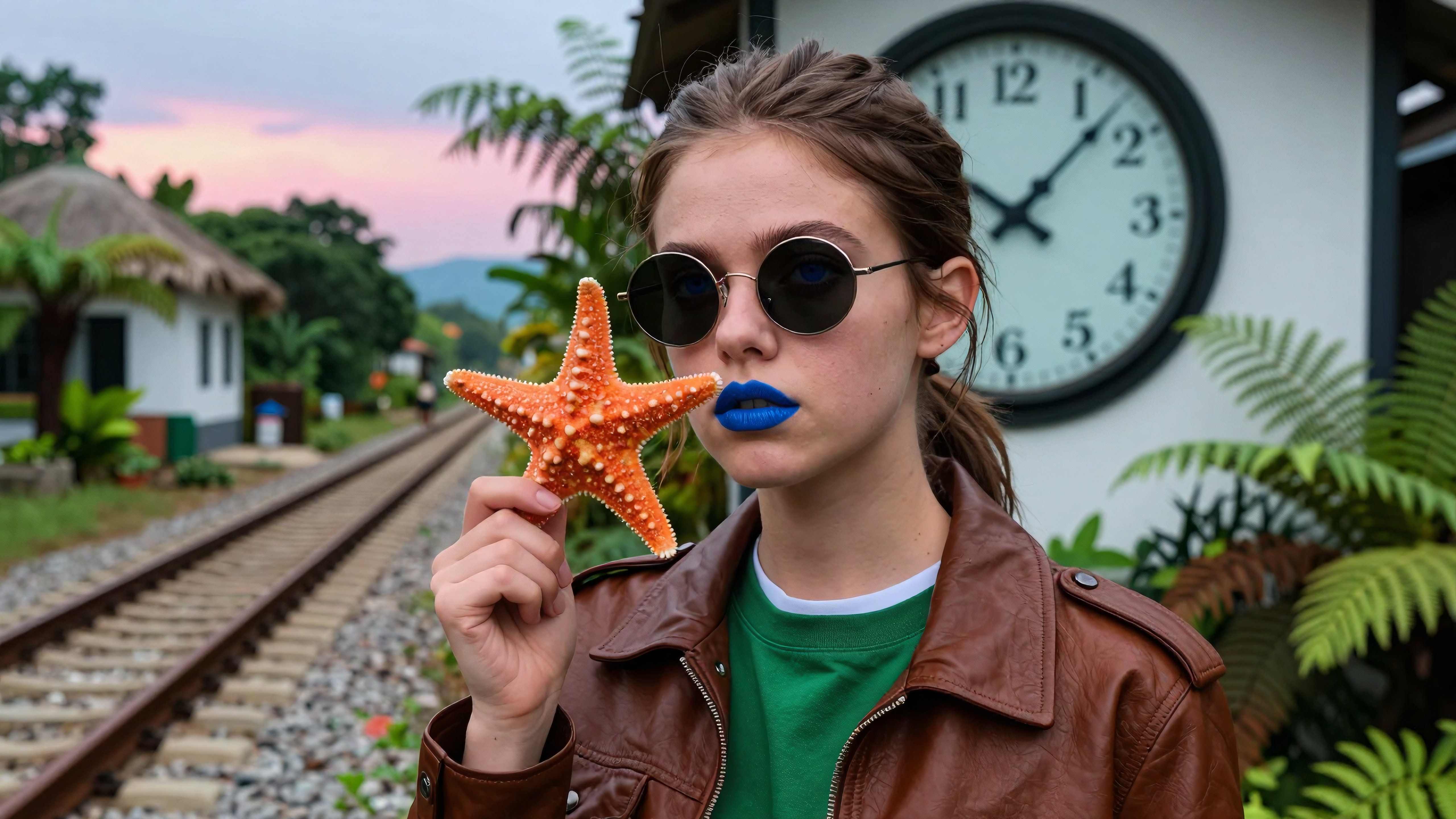 Girl posing with starfish near railroad clock during colorful sunset in tropical setting