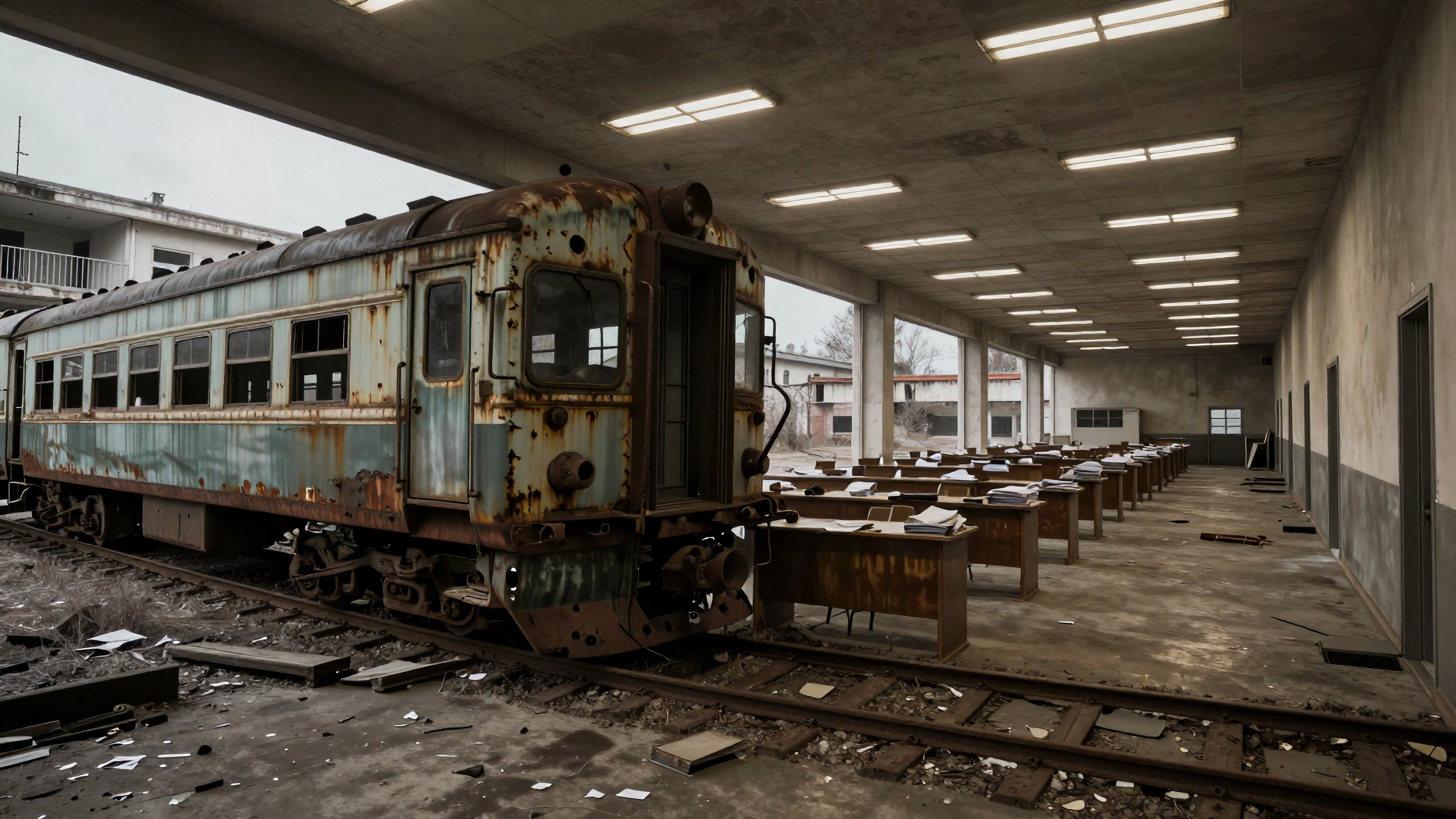 Abandoned train car sitting among ruined school desks and fallen debris under flickering fluorescents