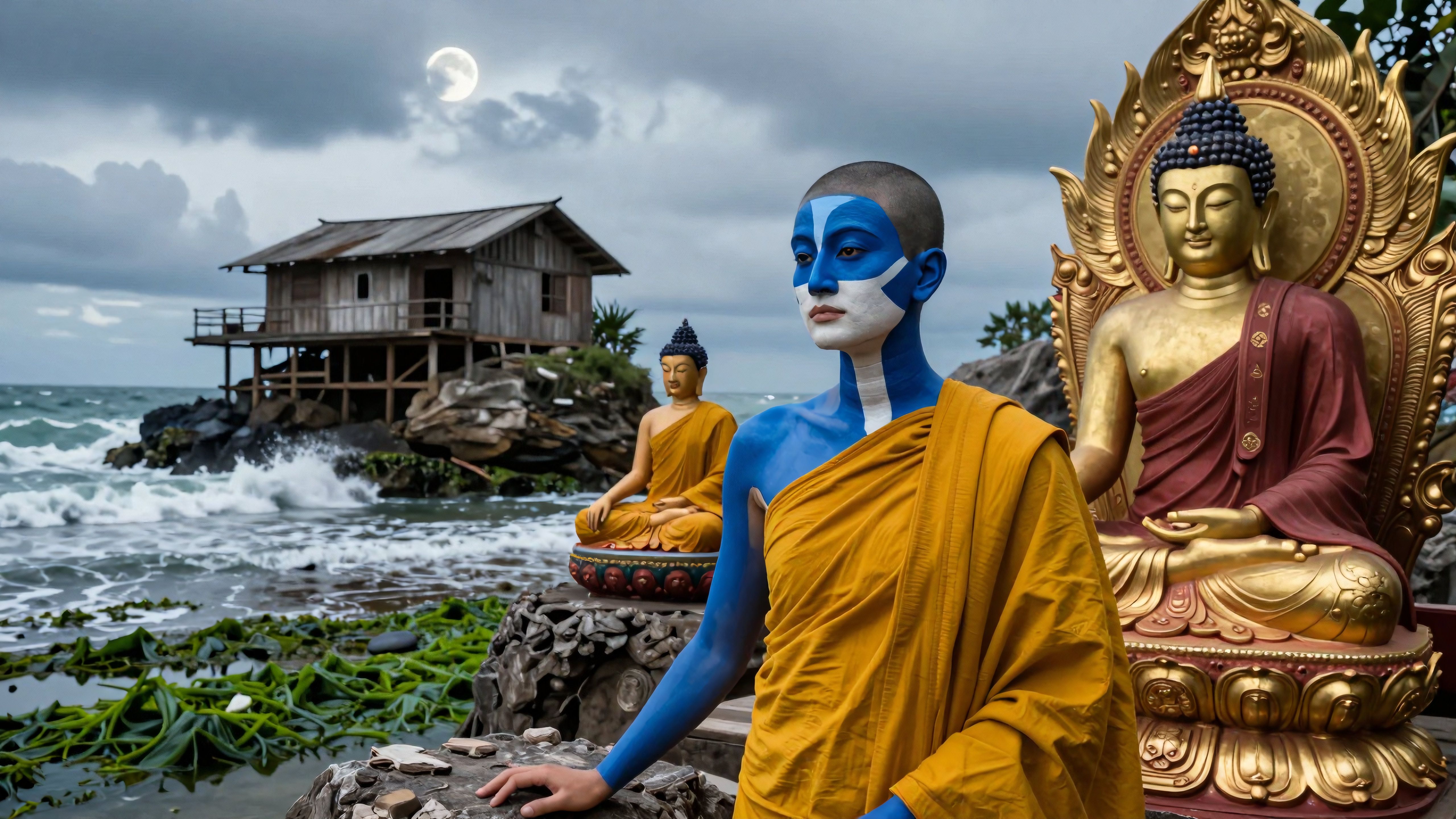 Mystical monk with blue paint near golden Buddha statues on stormy seaside cliffside