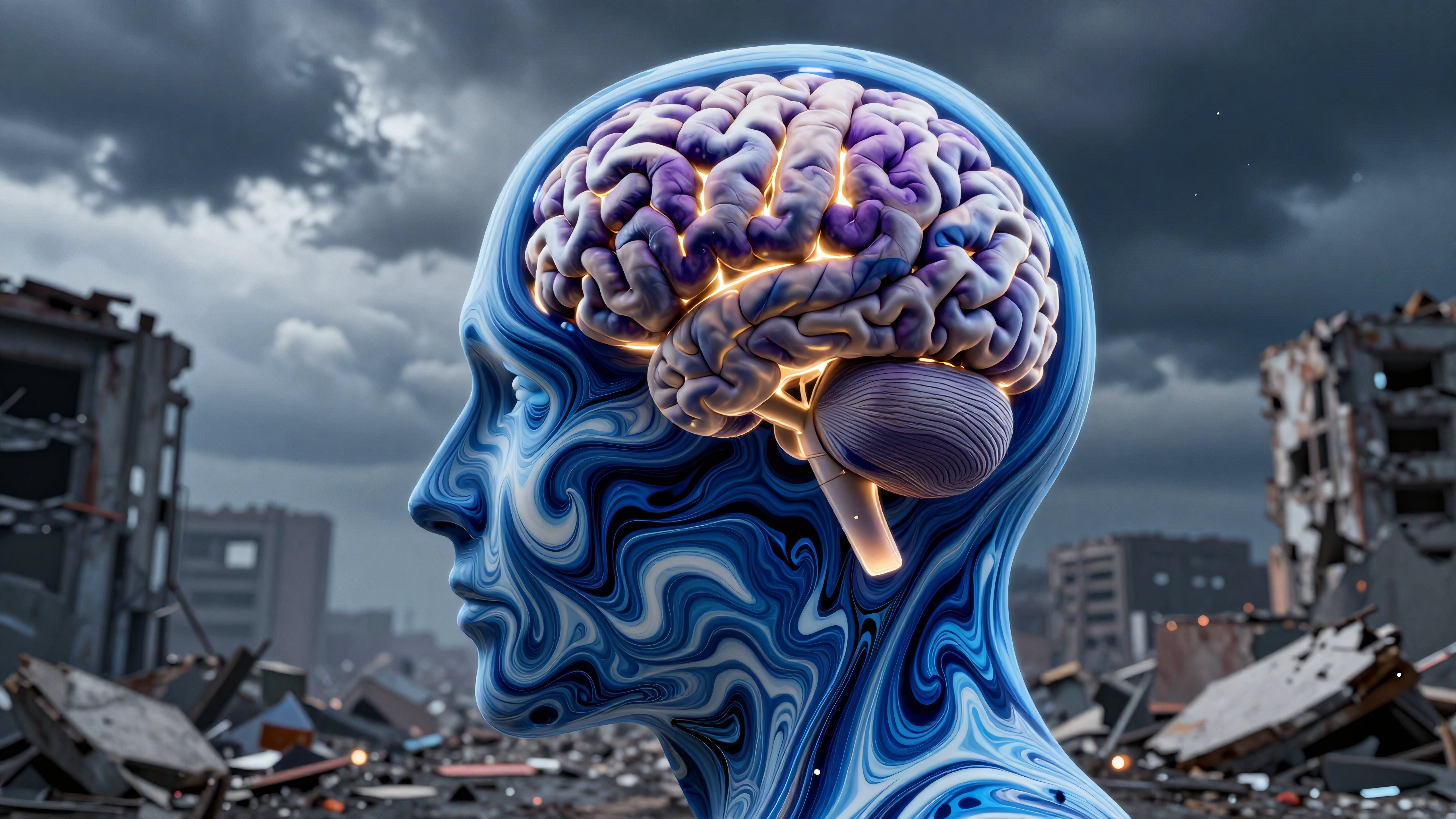 Human brain illuminated amidst destroyed cityscape, symbolic representation of resilient thoughts enduring catastrophe, futuristic neurology theme, conceptual art blending anatomy with environmental decay, visual metaphor for mental fortitude