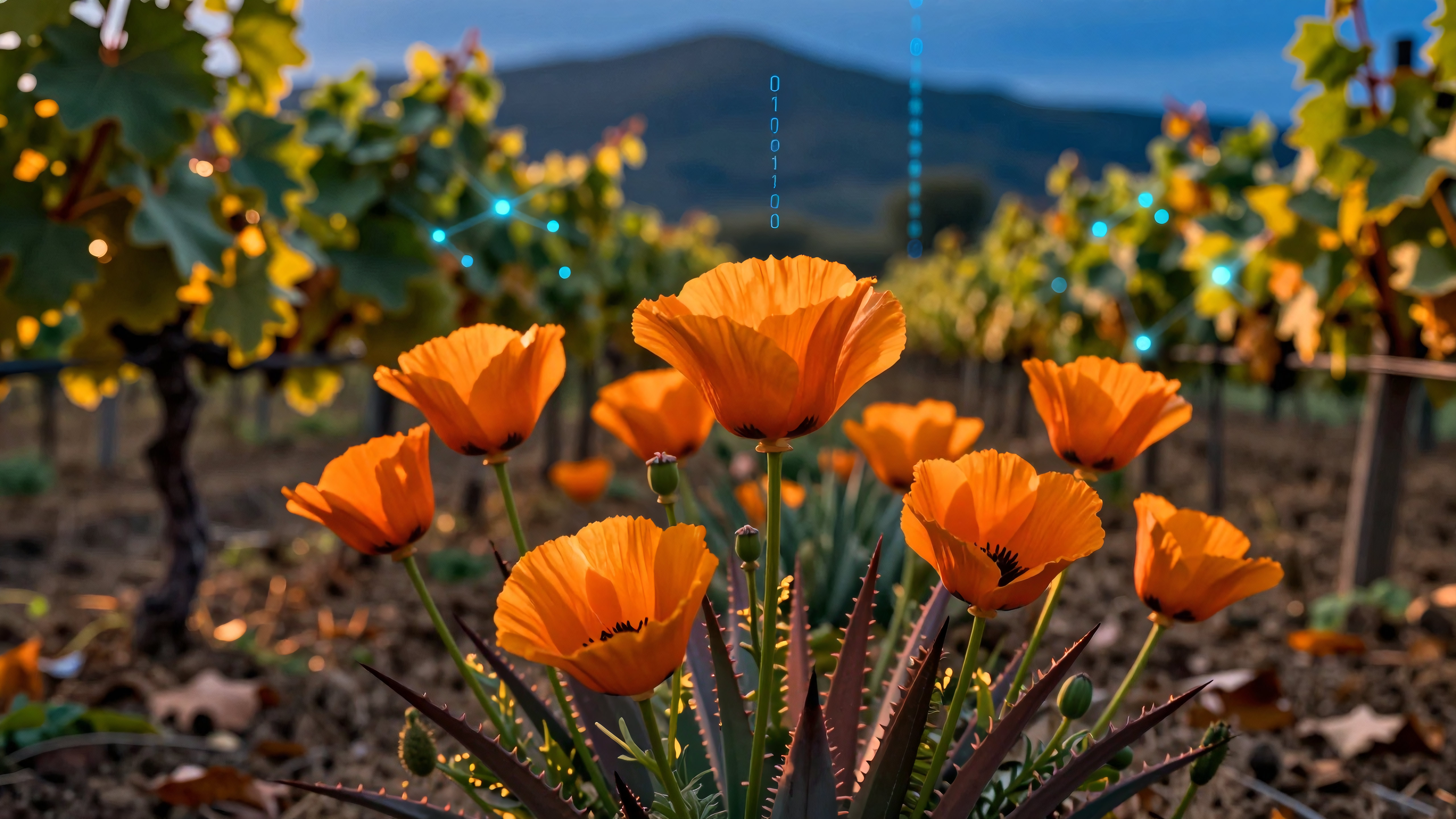 Orange poppies blooming among vineyards under twilight skies with subtle digital overlays
