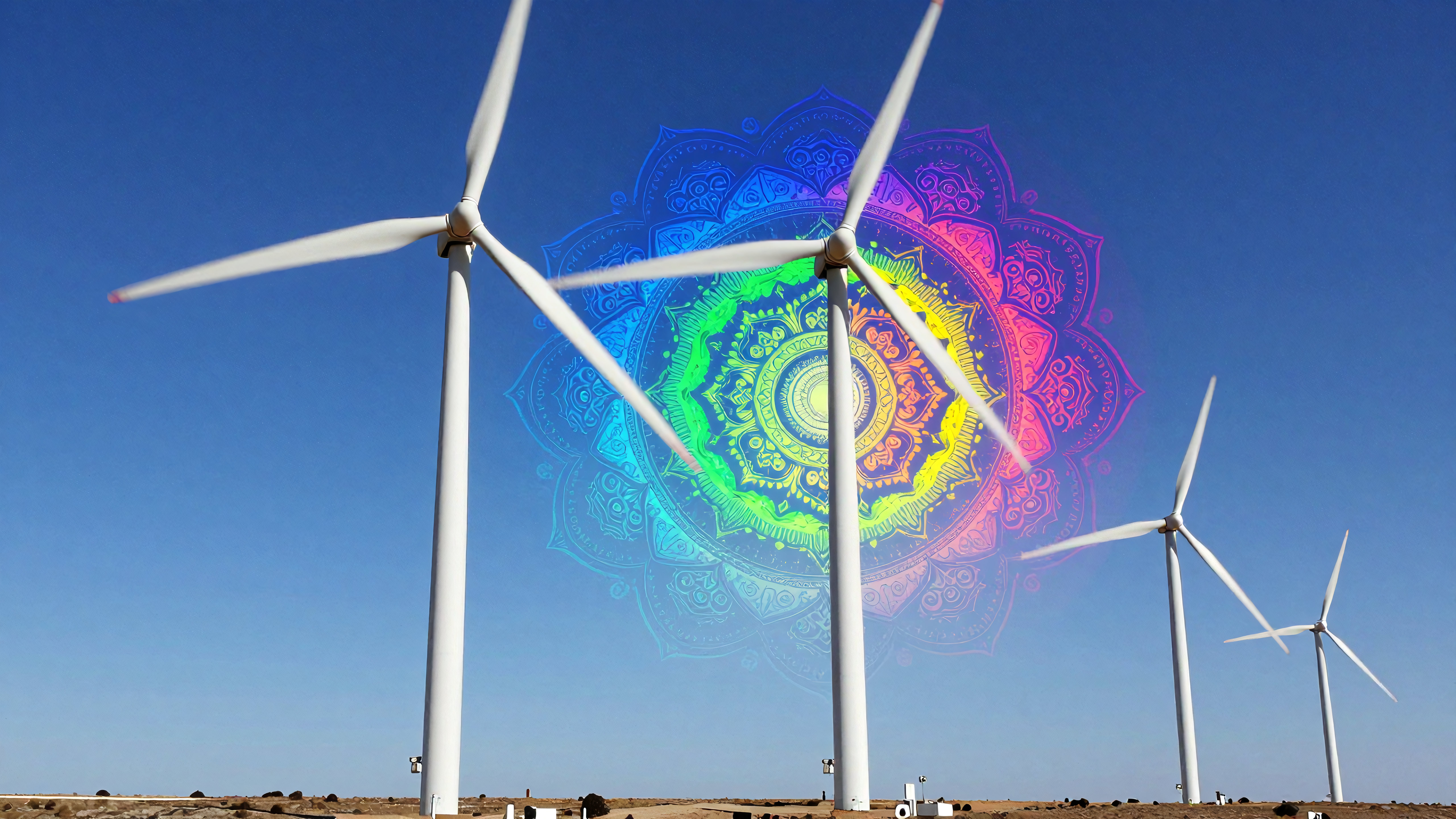 Wind turbines spinning under bright sun powered by clean renewable energy generating electricity sustainably amidst vast open land