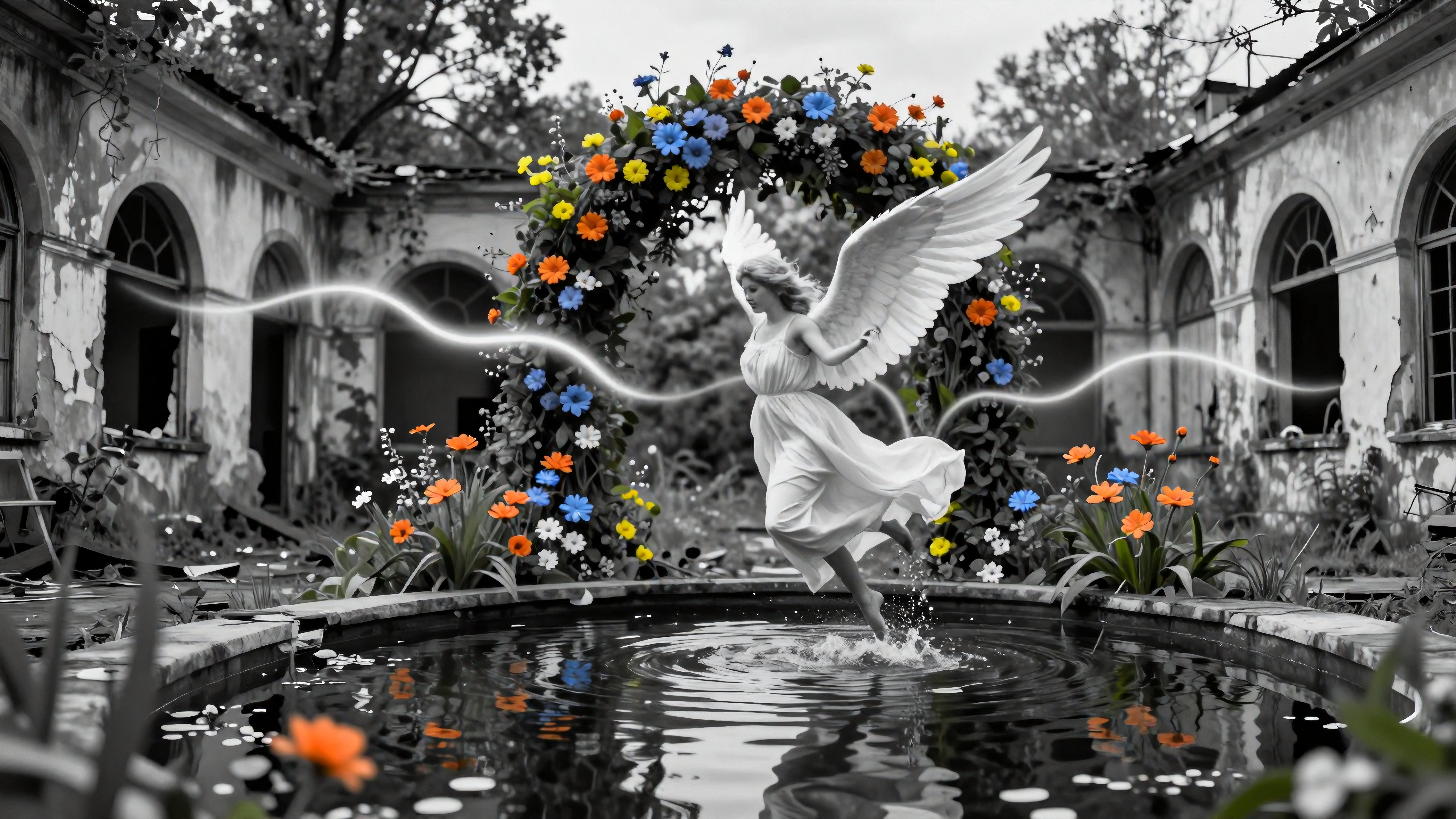 Angel gracefully leaping over ornate fountain amidst colorful blooming ruins