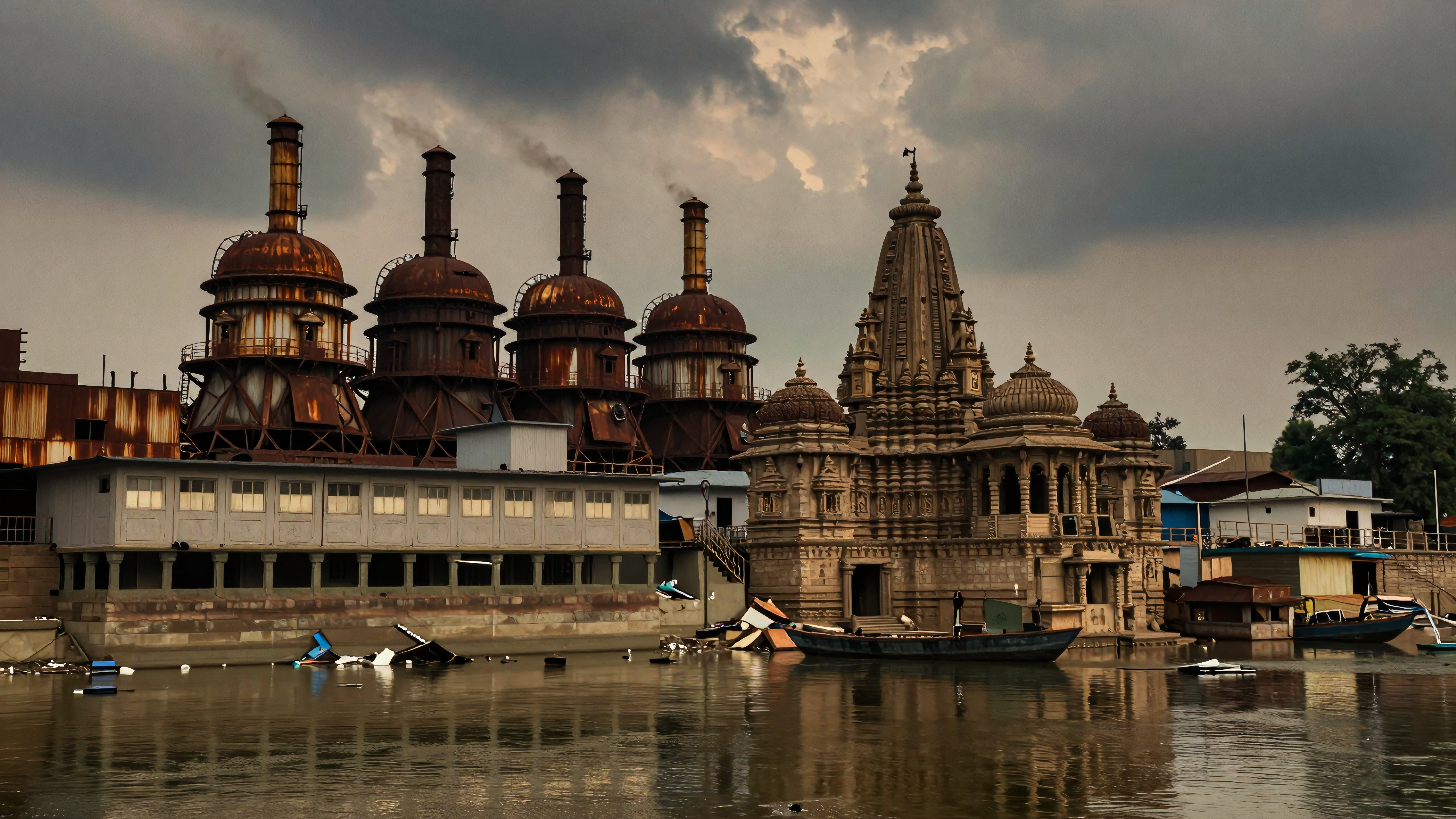 Ancient Hindu temple next to decaying industrial plant reflecting in polluted river under stormy skies