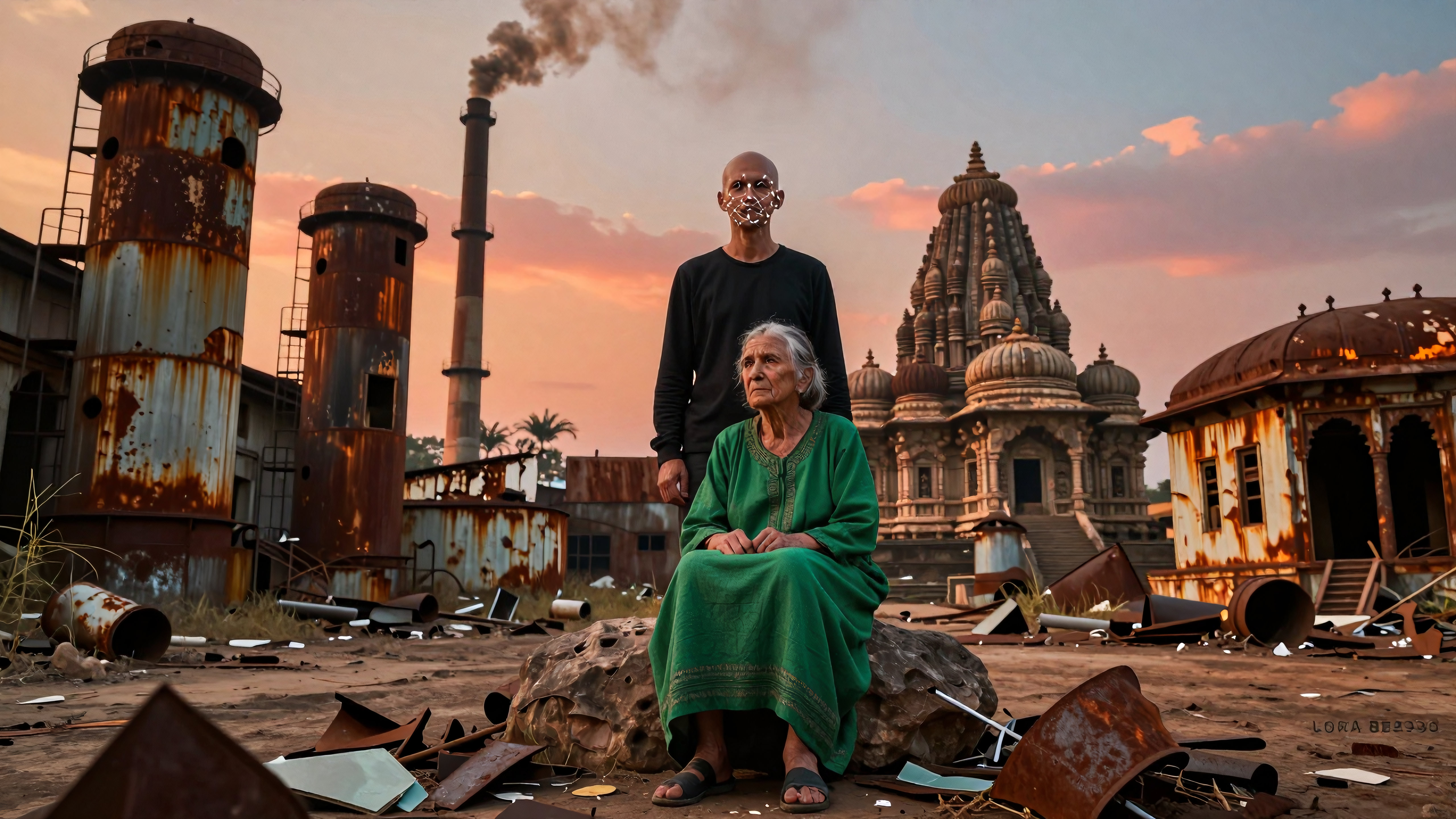 Elderly Indian woman meditating amid ruined temples and factories at golden hour