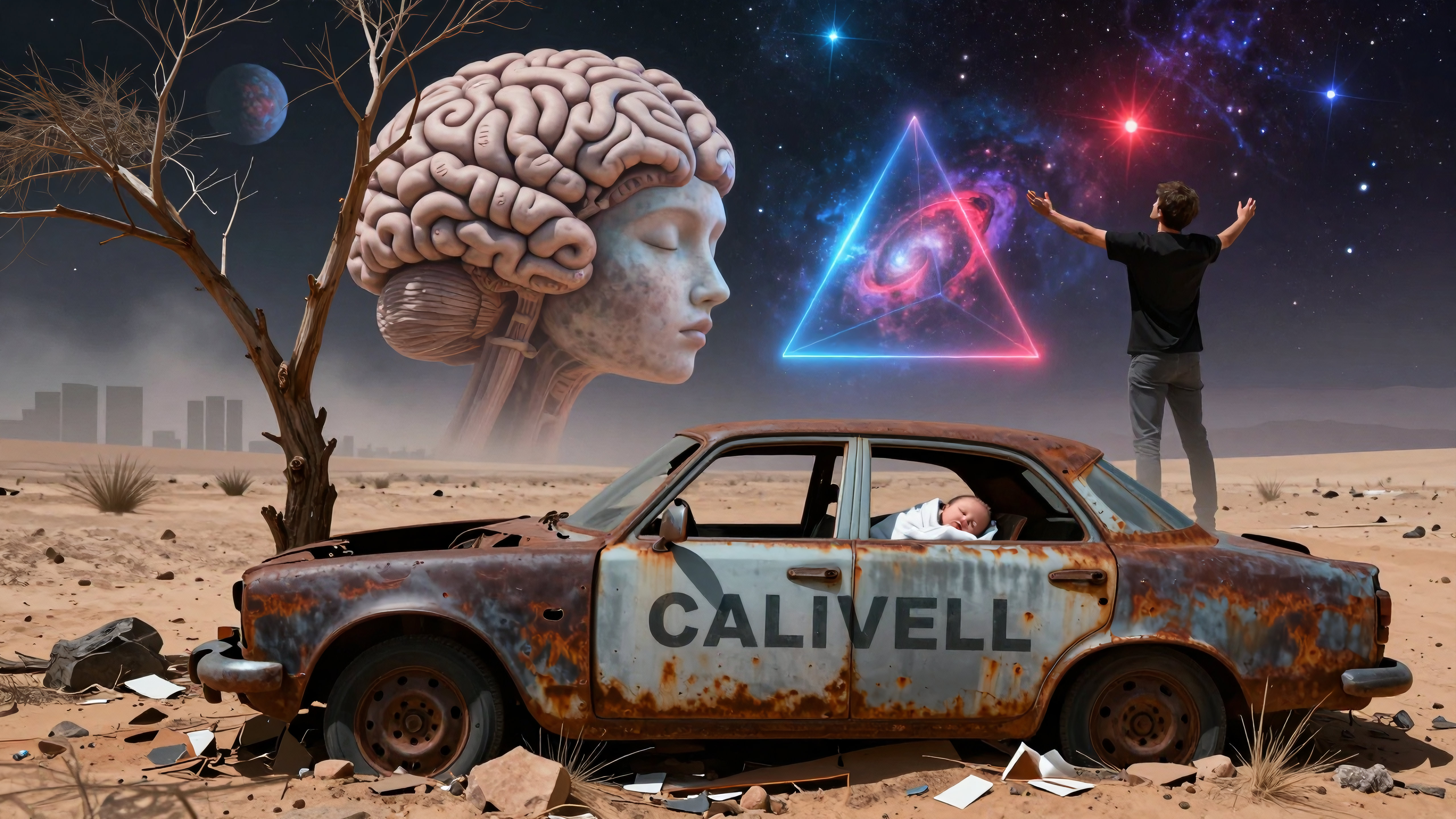 Surreal desert scene featuring giant brain sculpture, newborn inside rusted CALIVELL car, man reaching towards glowing cosmic triangle above alien planets