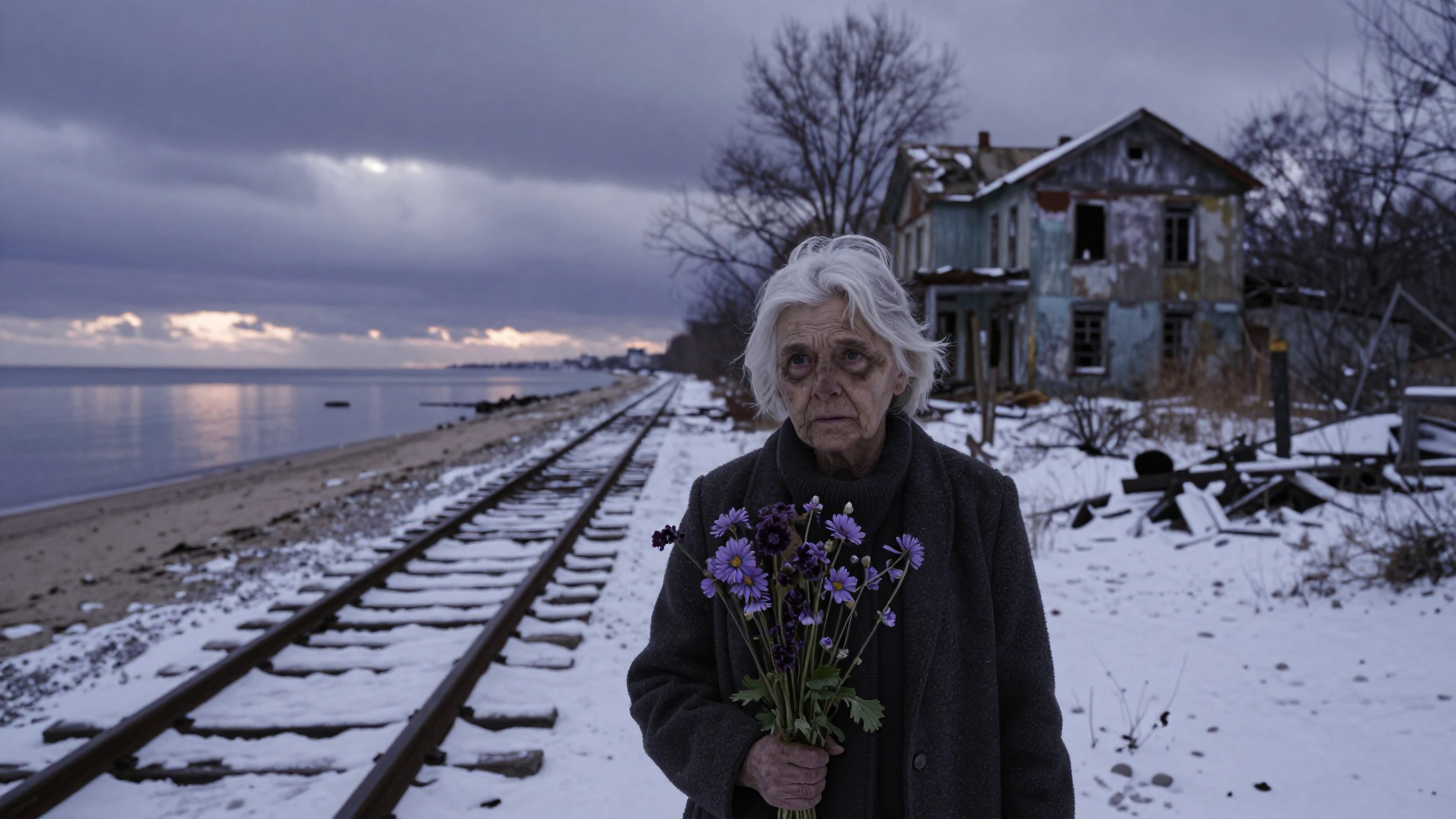 Elderly woman holding flowers near railroad tracks beside decaying seaside home during winter dusk