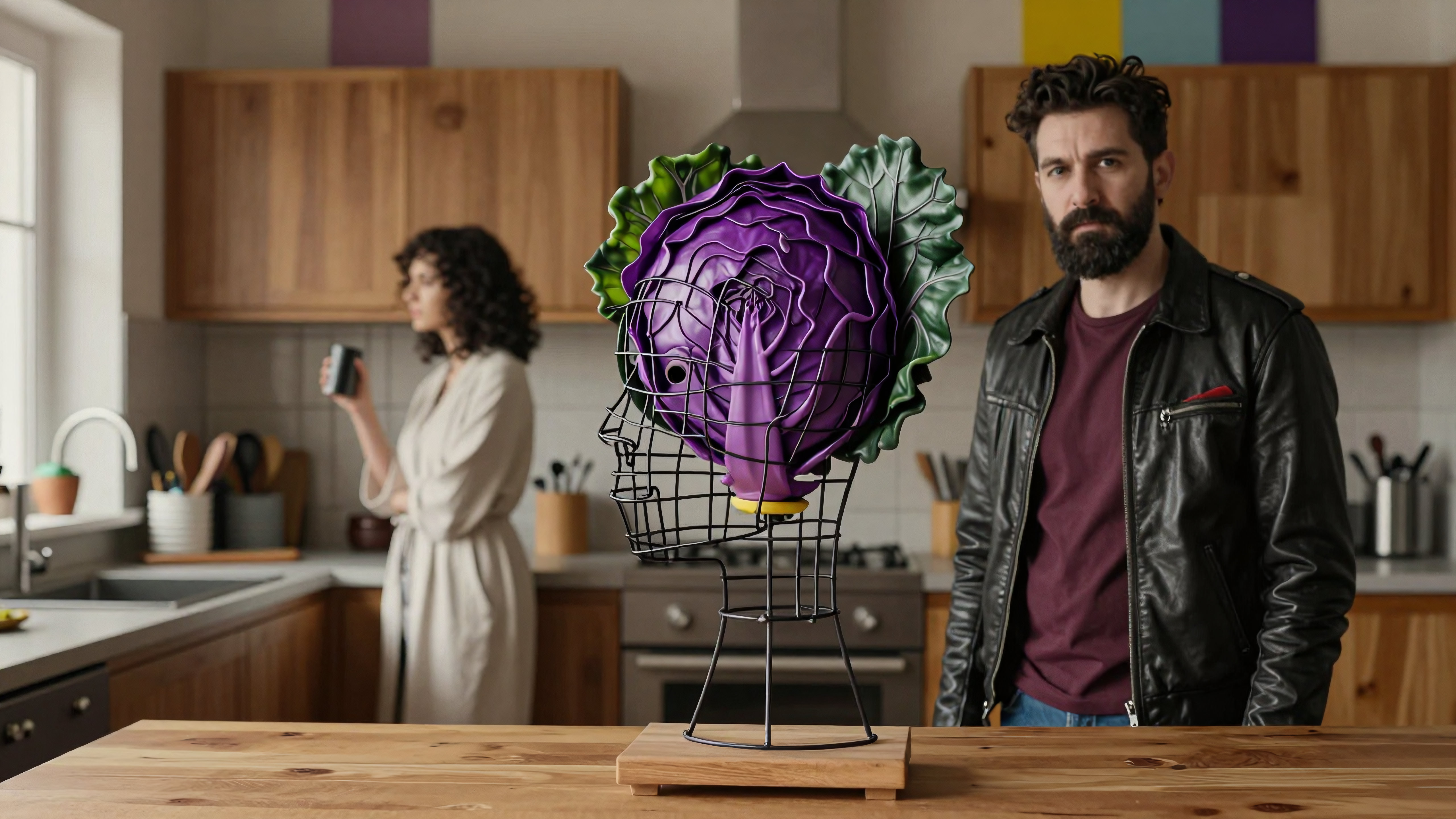 Surreal purple cabbage art installation in modern kitchen with man and woman