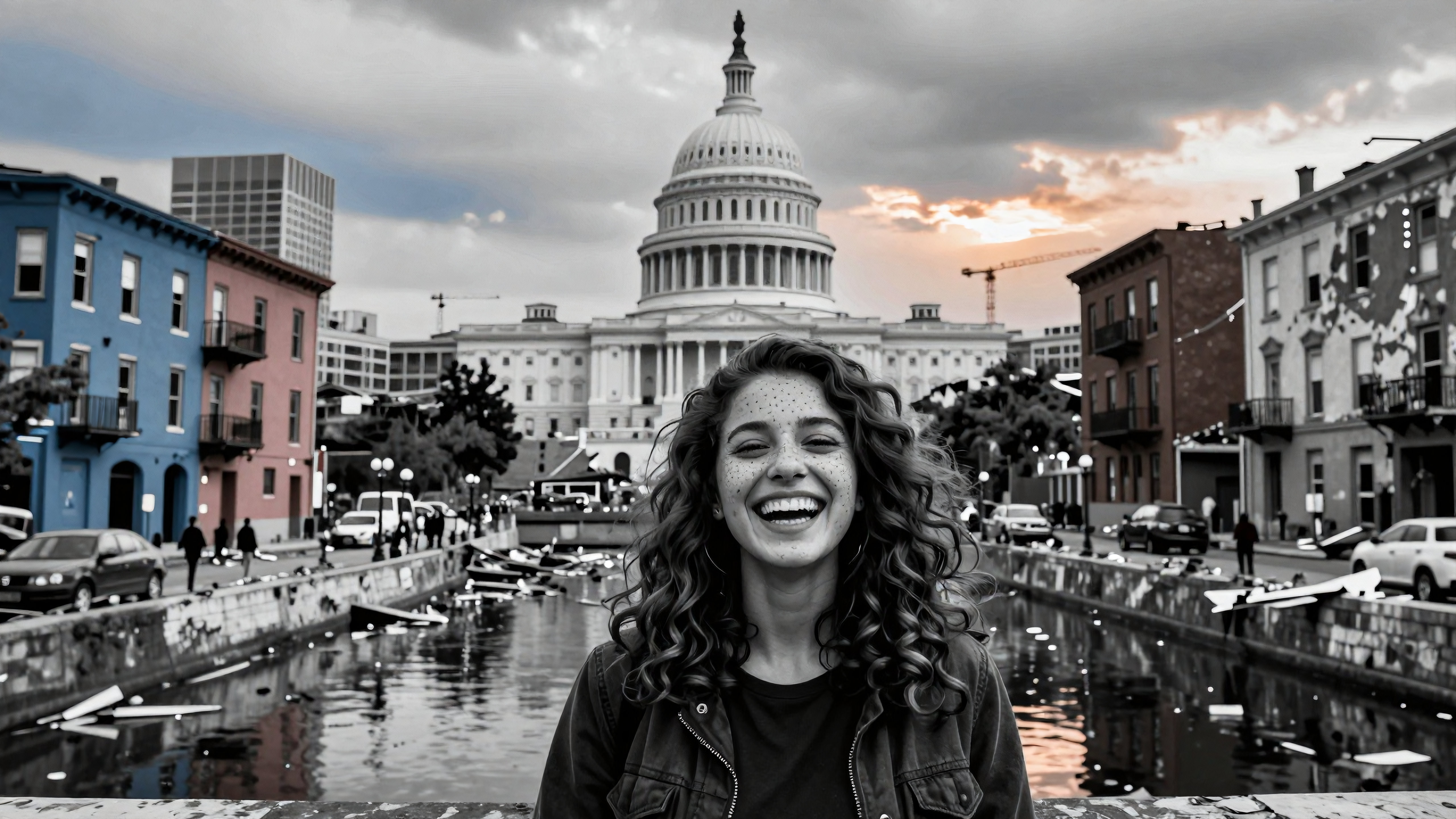 Young woman laughing joyfully before U.S. Capitol in Washington DC urban canal scenery