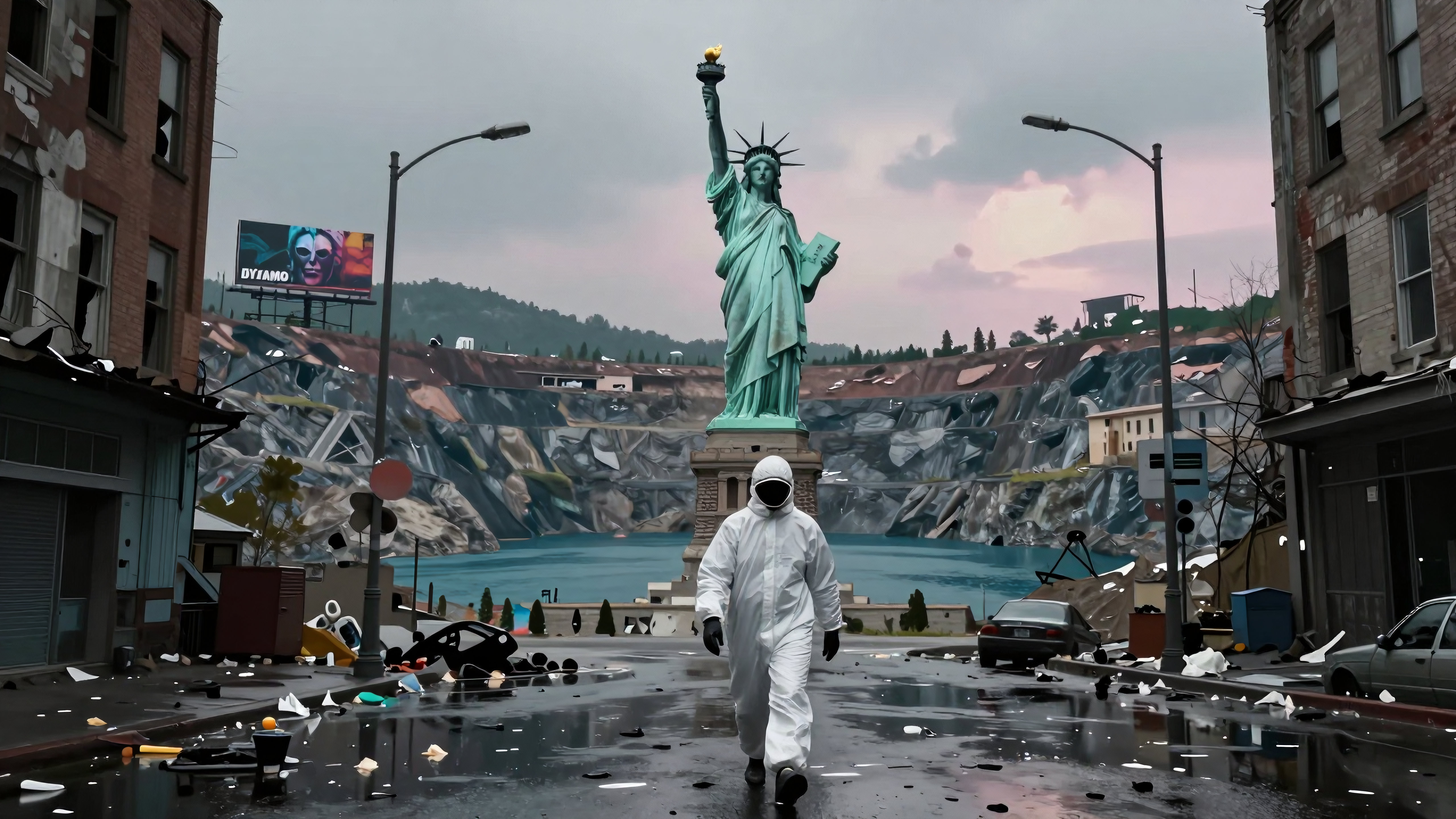 ystopian Statue of Liberty walking alone through ruined city after ecological disaster