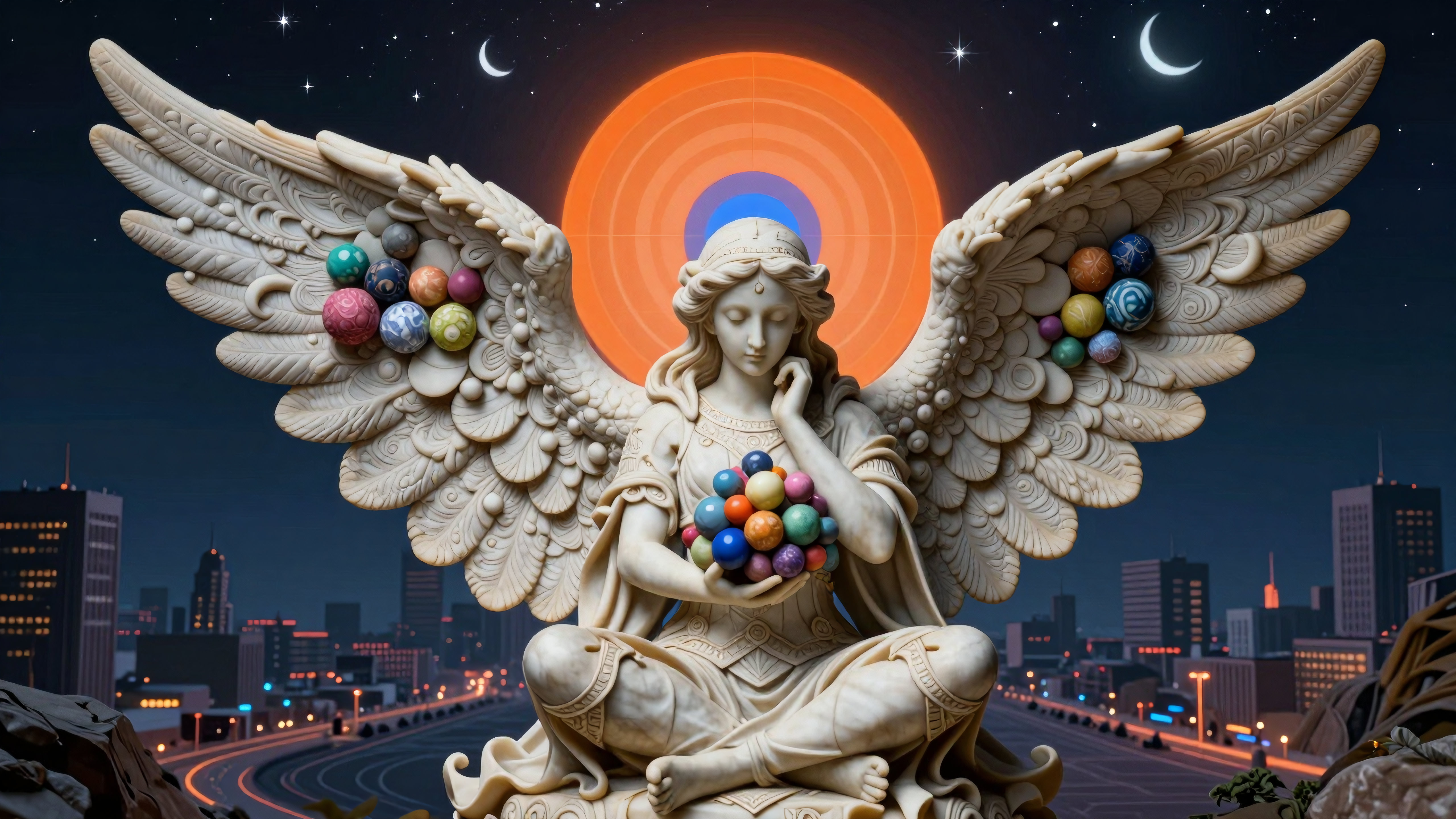 Serene angel holding colored spheres above glowing city under starlit sky with crescent moon