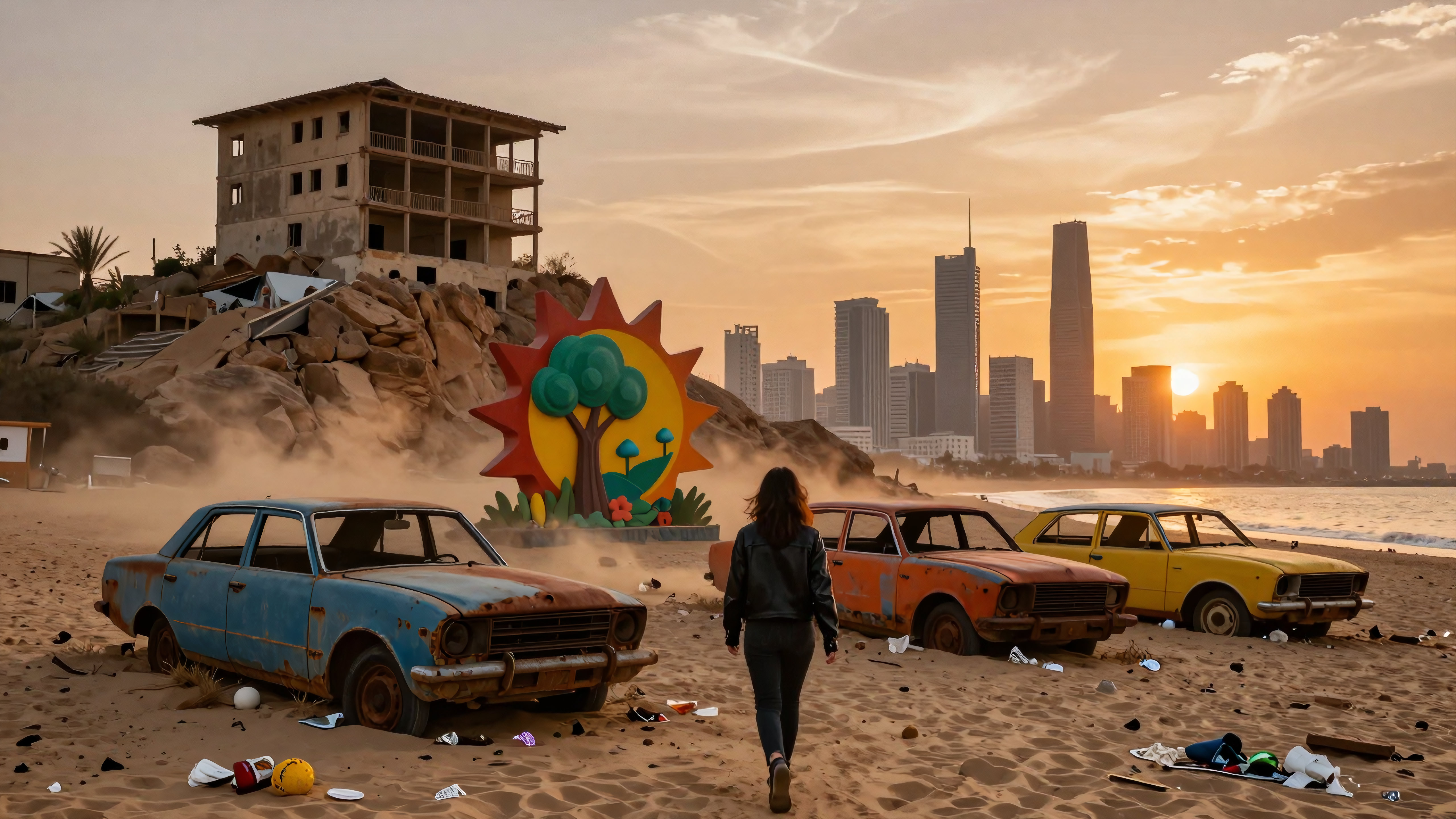 Woman walking through abandoned cars on polluted beach near ruined building and distant futuristic skyline during dramatic orange sunset.