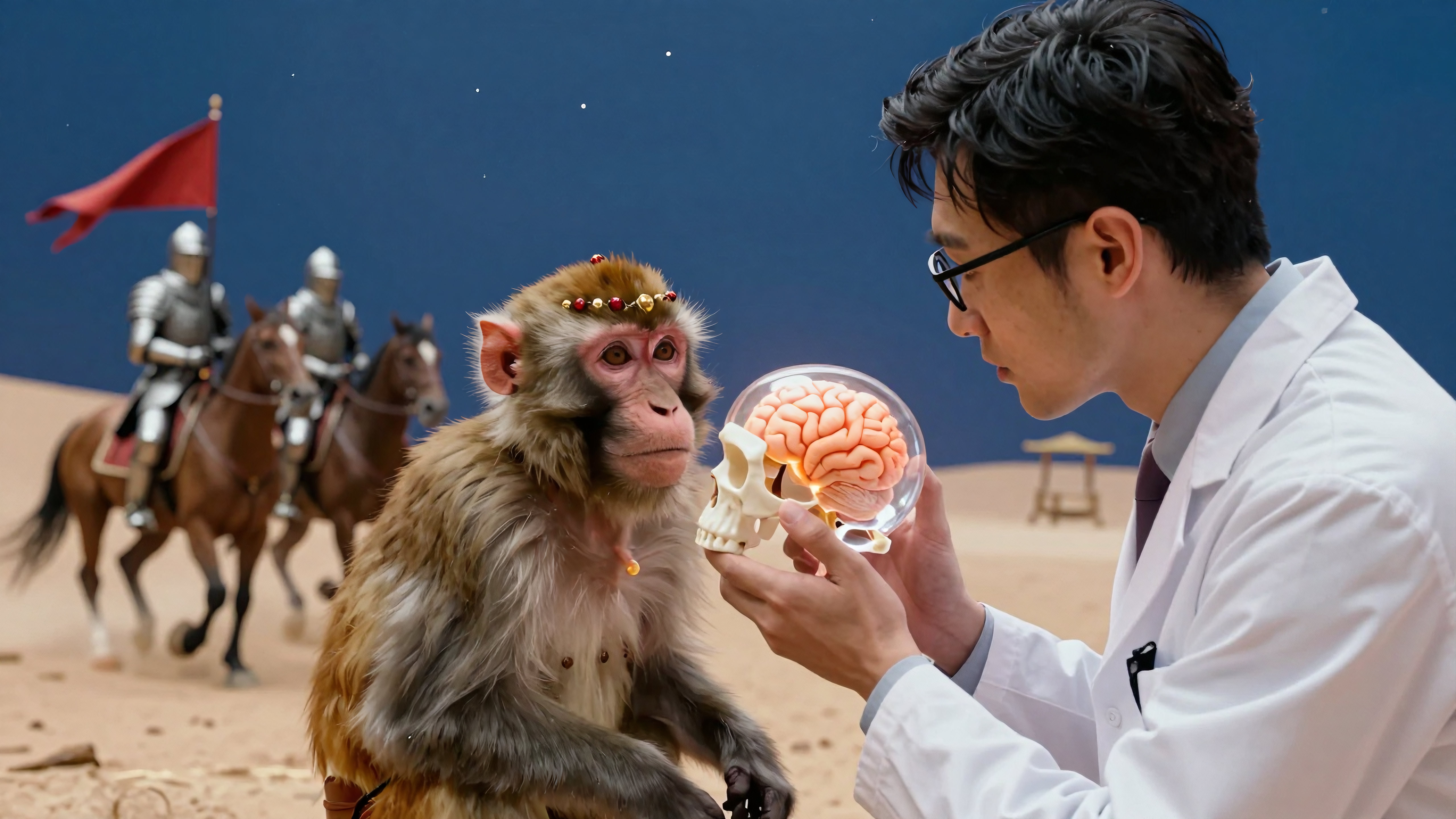 Scientist examines glowing brain model beside crowned monkey amid medieval knights riding desert sands under starry night sky