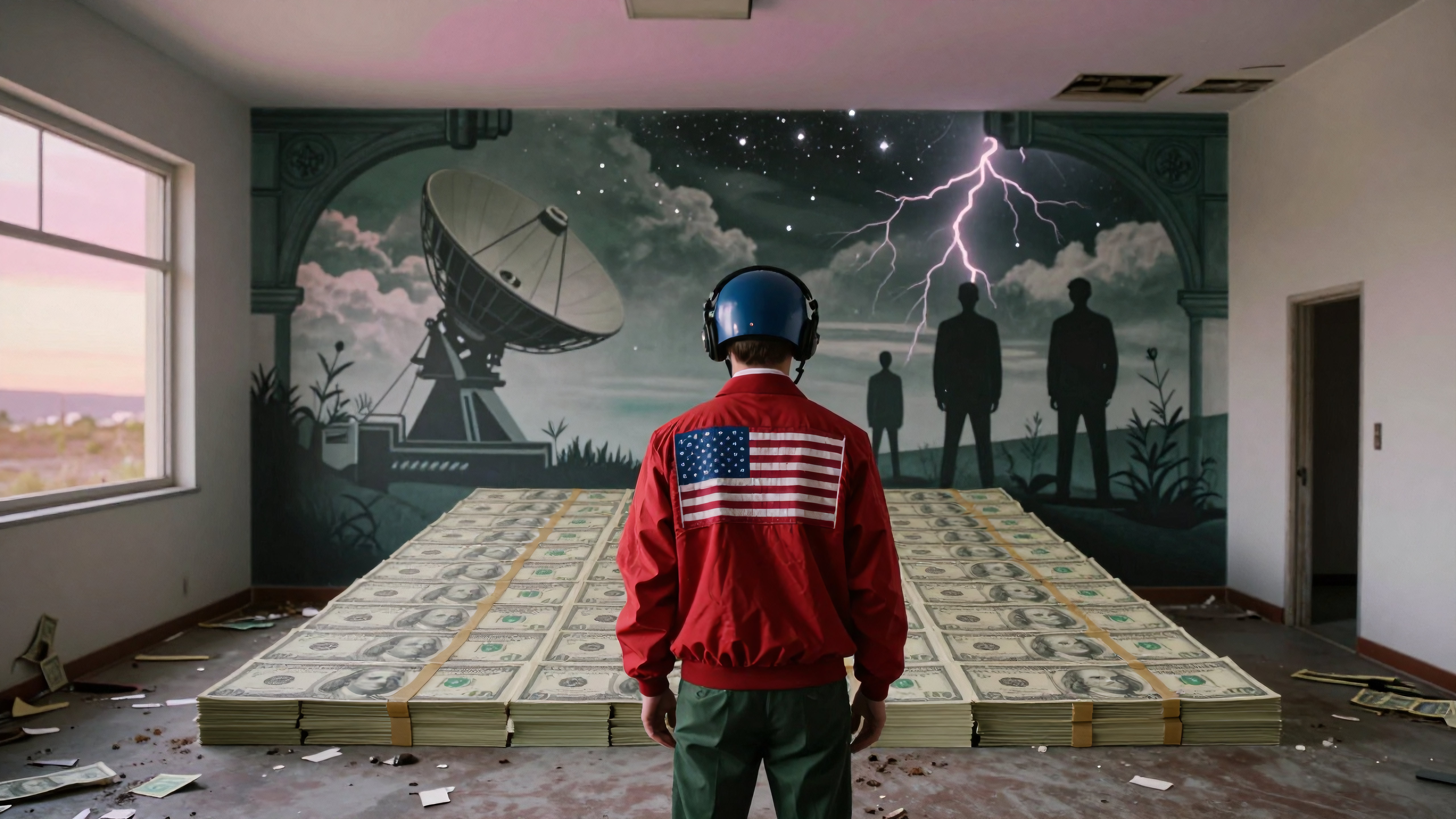 Man in red USA jacket staring at stacked cash under starry mural with satellites and lightning