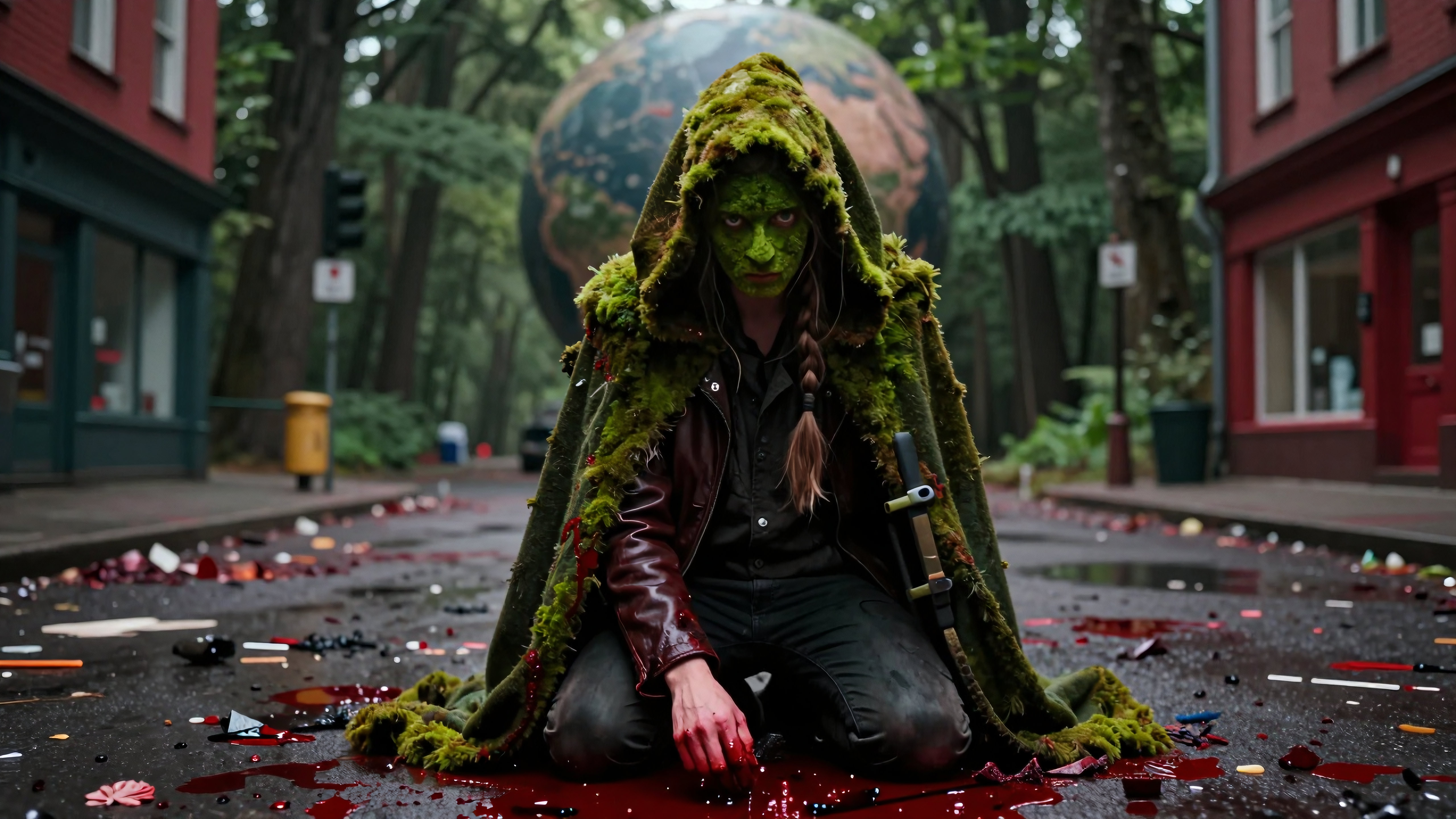 Mossy humanoid kneeling amidst bloody urban wreckage surrounded by towering trees and giant Earth sphere