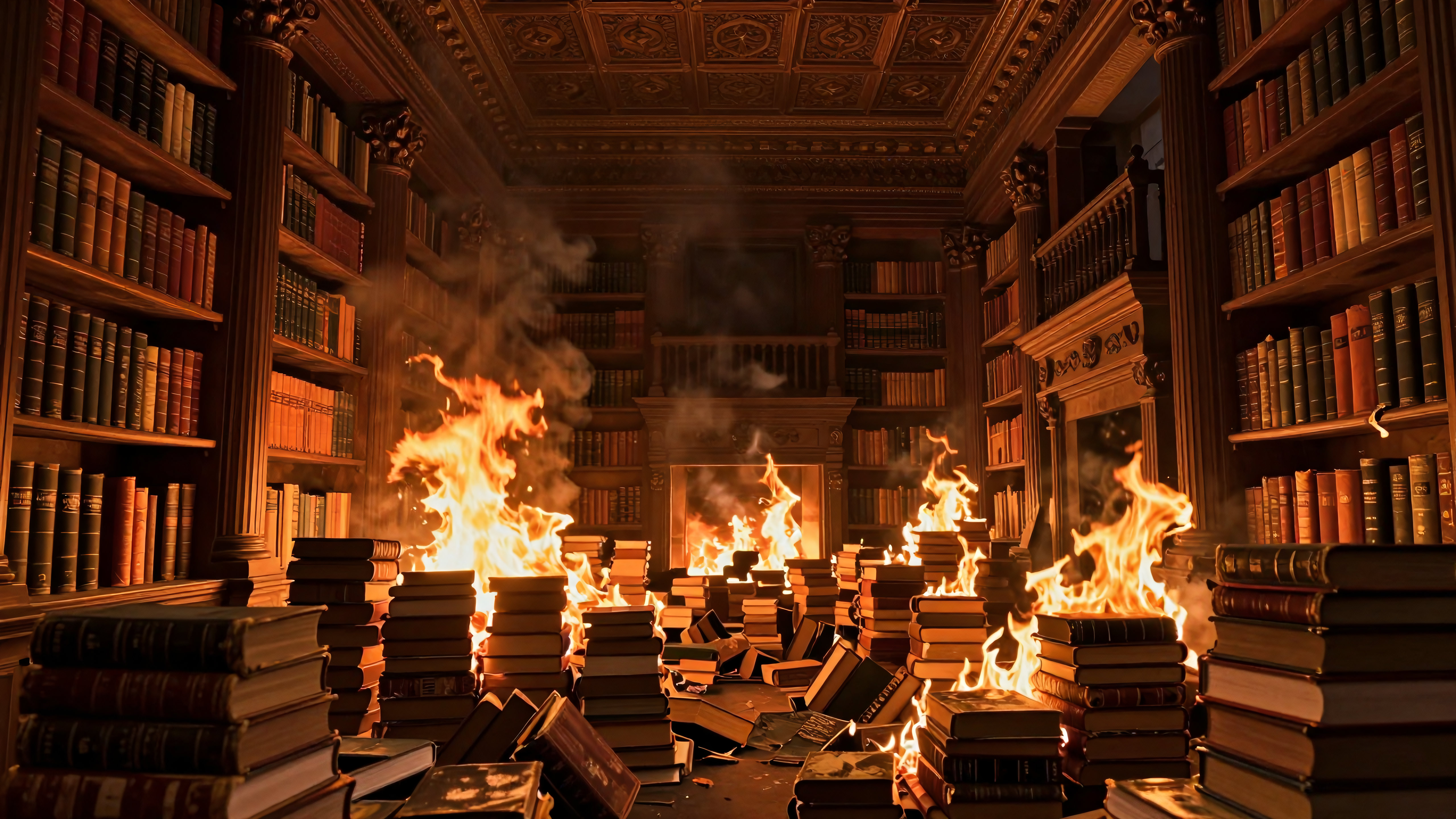 Fire consuming ancient books in an elegant burning library interior
