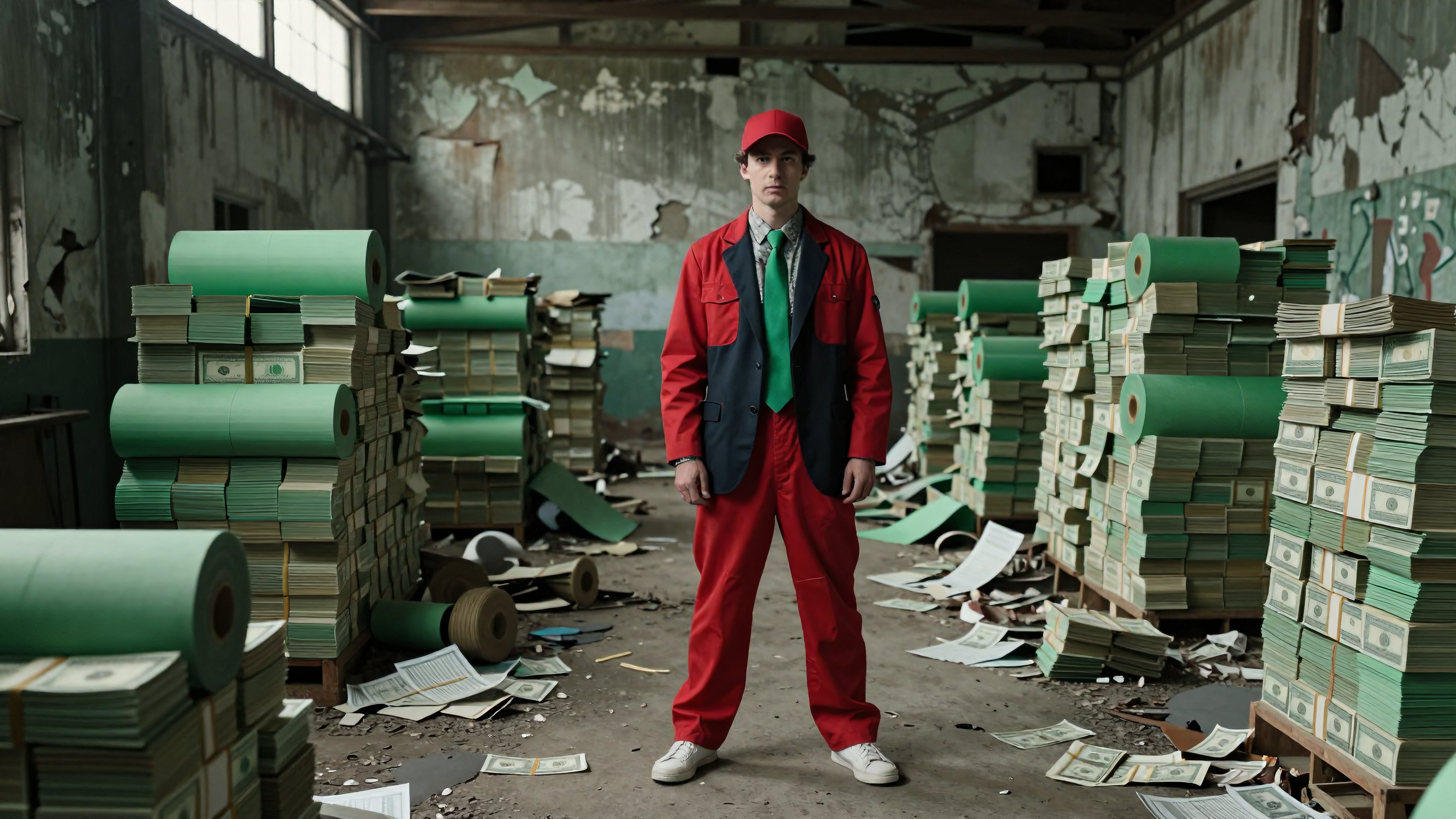 Man in red outfit standing among stacks of fake money in ruined warehouse