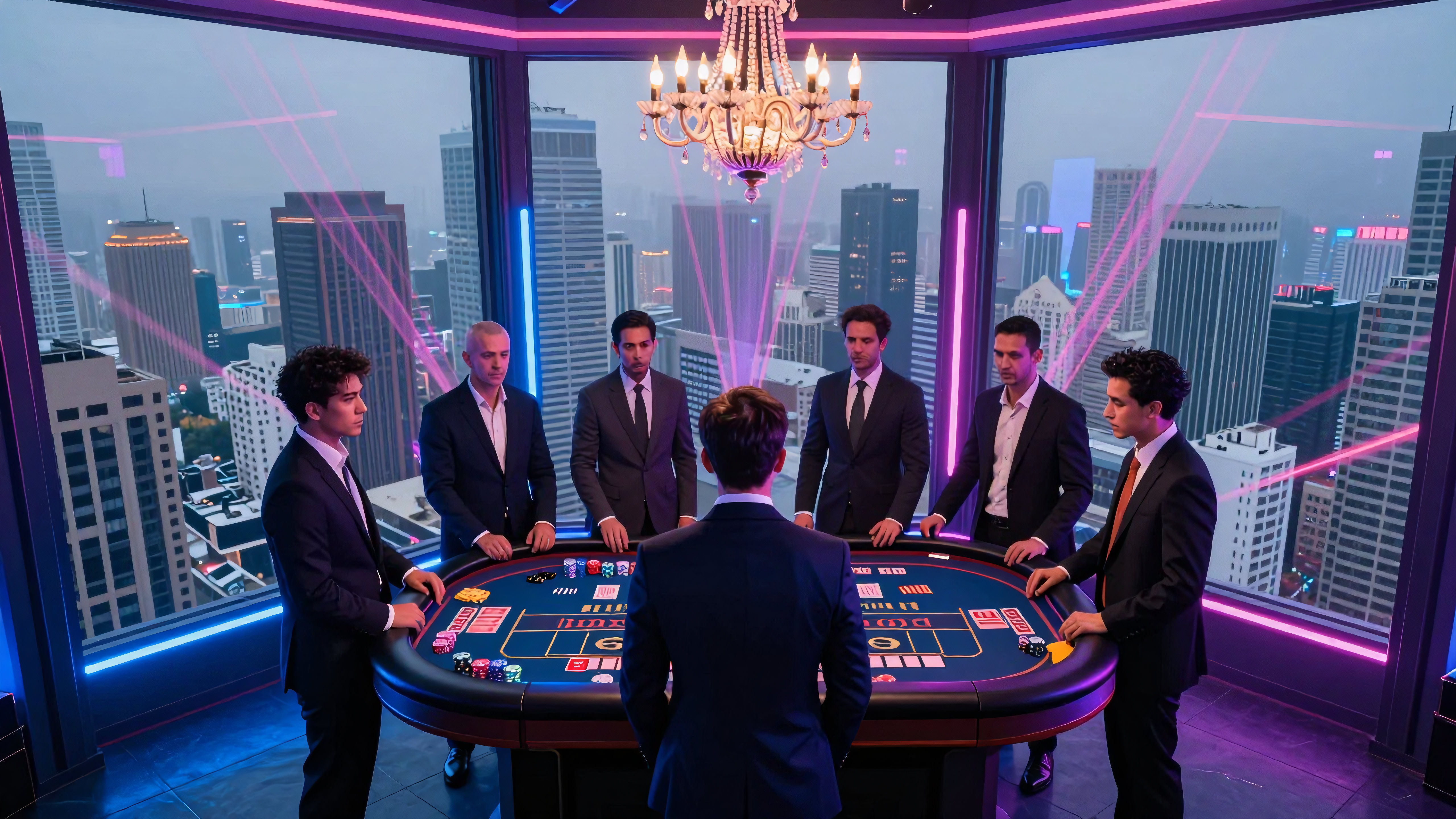 Men playing poker in neon-lit luxury casino overlooking city skyline