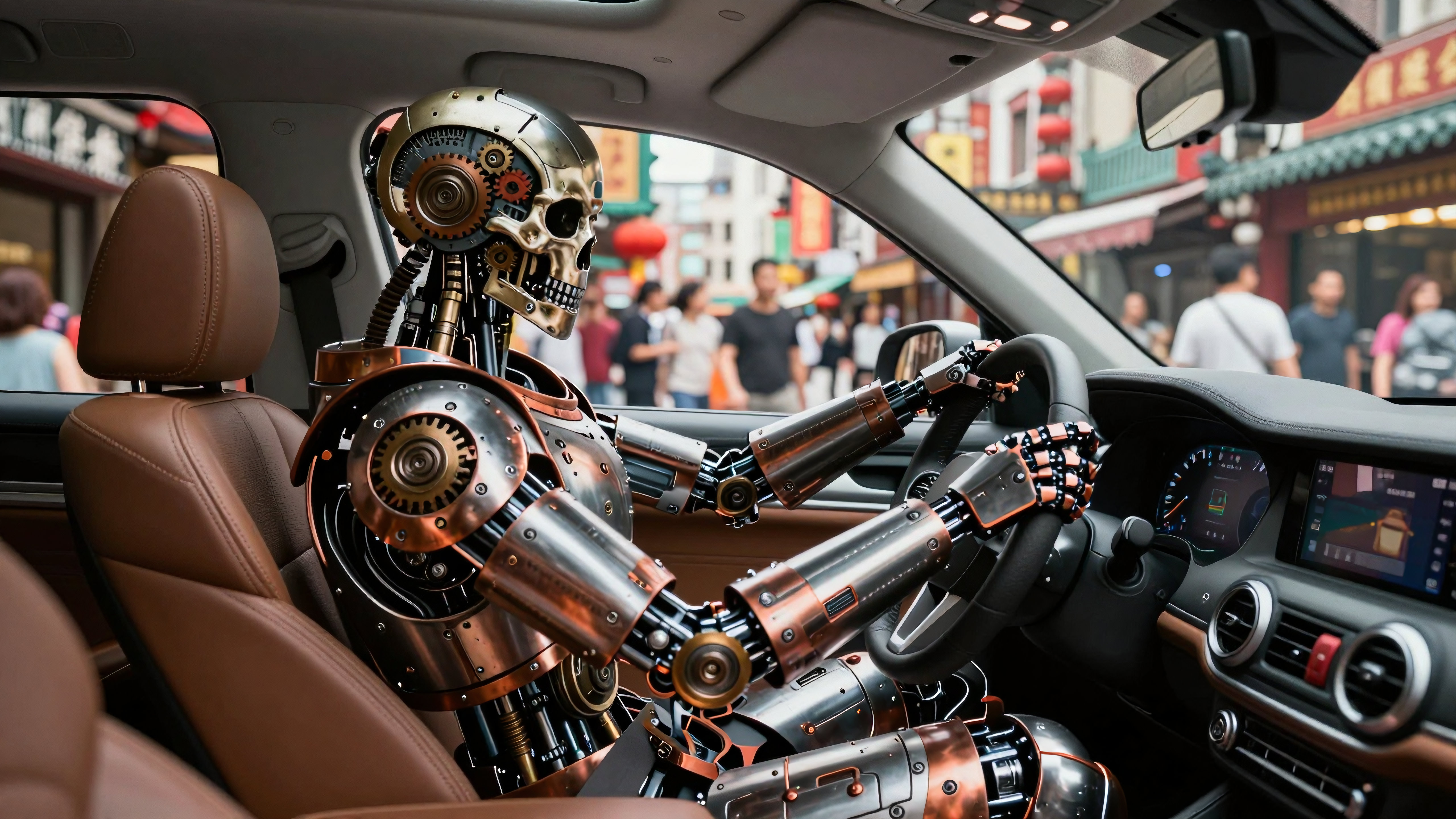 Futuristic robot drives sleek car through busy Asian city streets