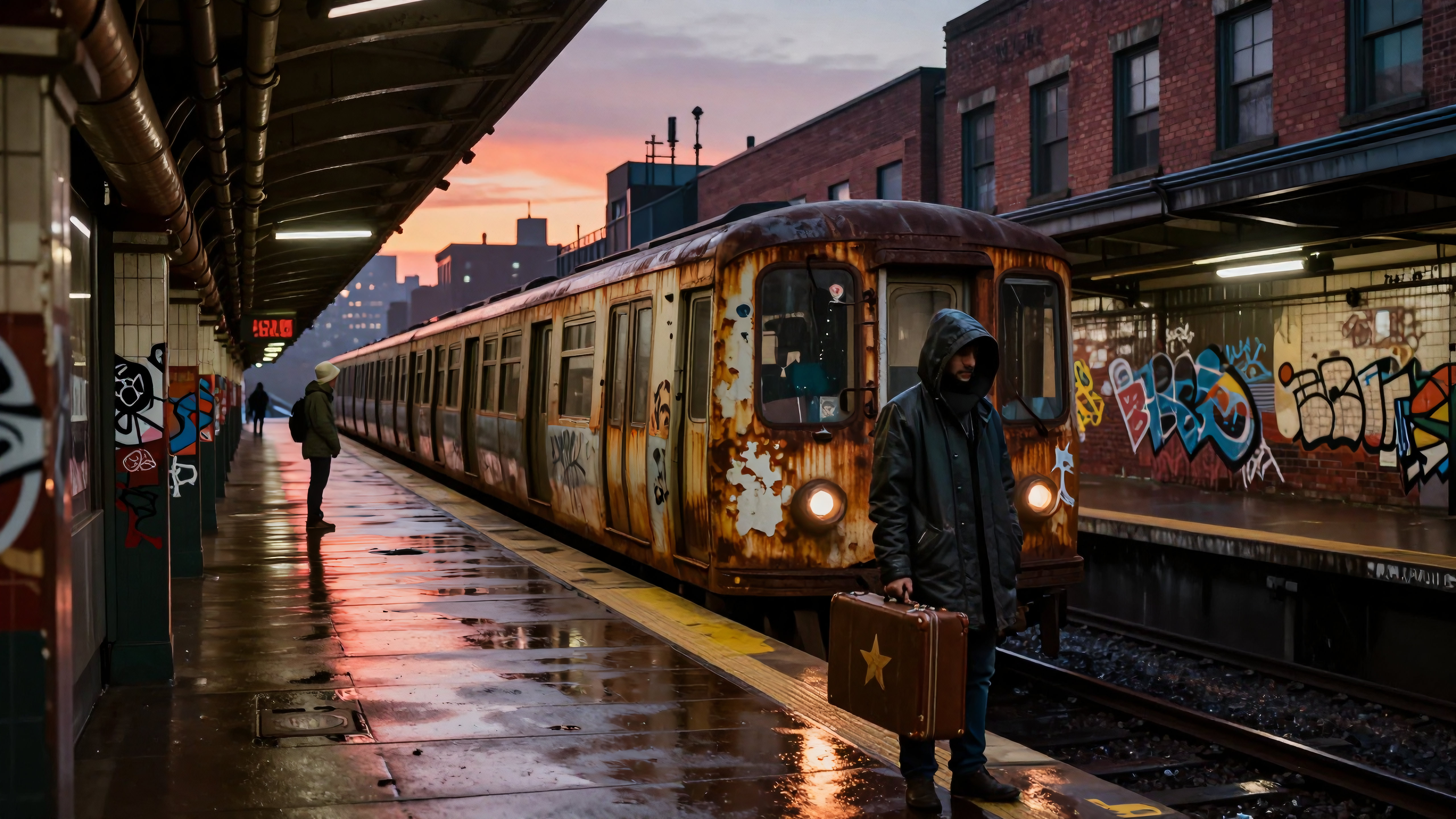 Man waits with suitcase at rainy downtown train station at sunset