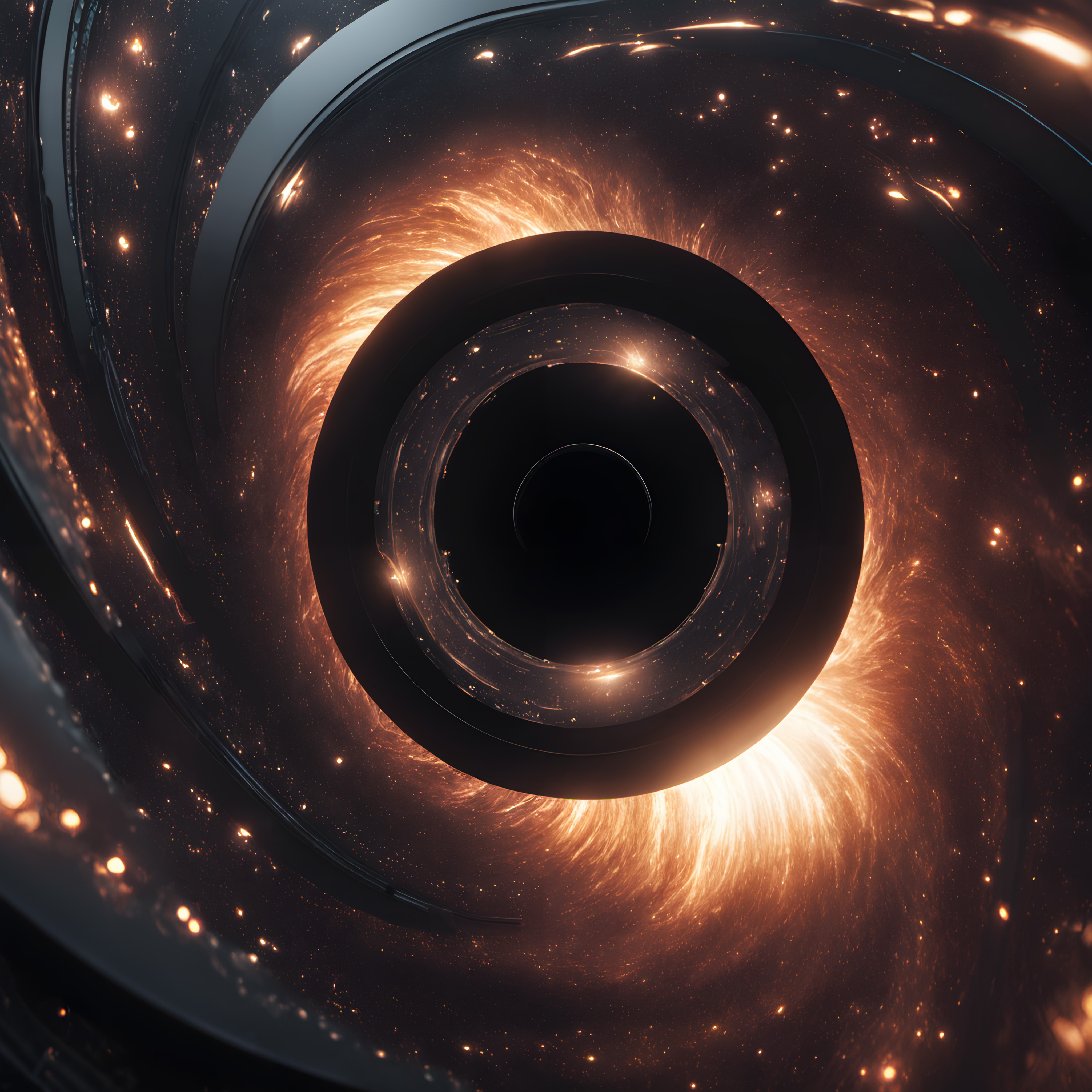 Black hole vortex swirls glowing cosmic rays spiraling through infinite space